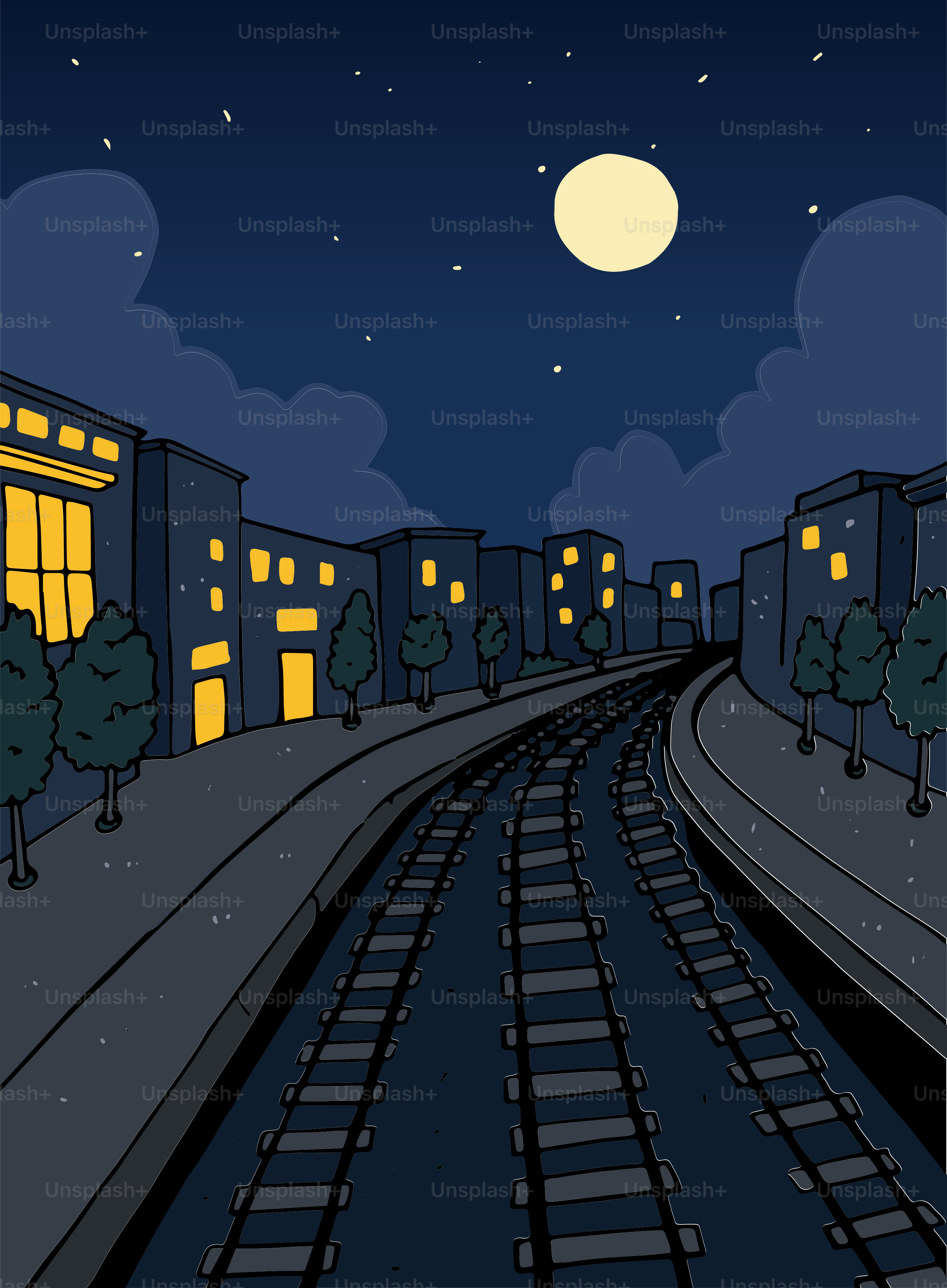 Railroad tracks lead through a city at night.