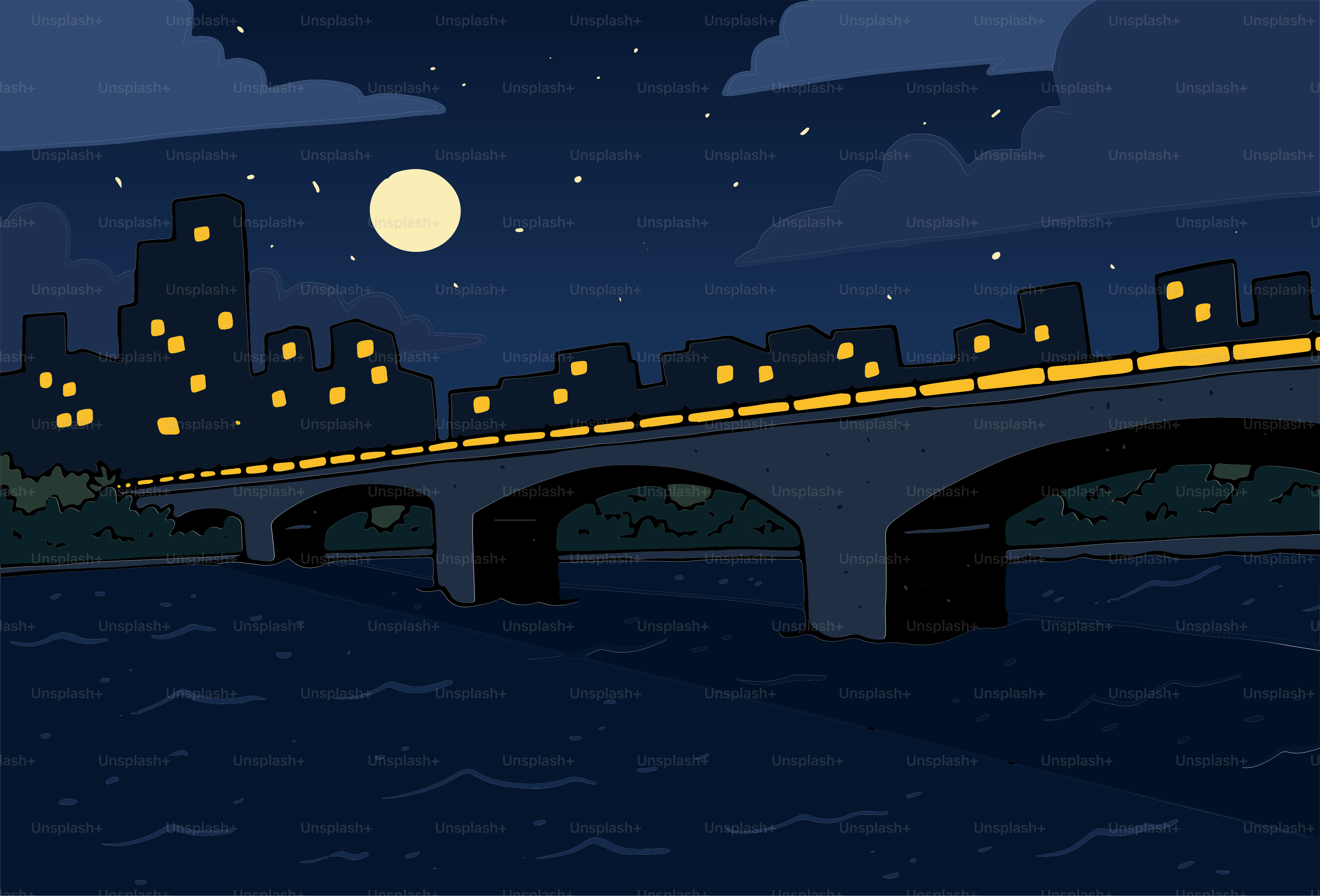 A bridge spans a river under a starry night sky.