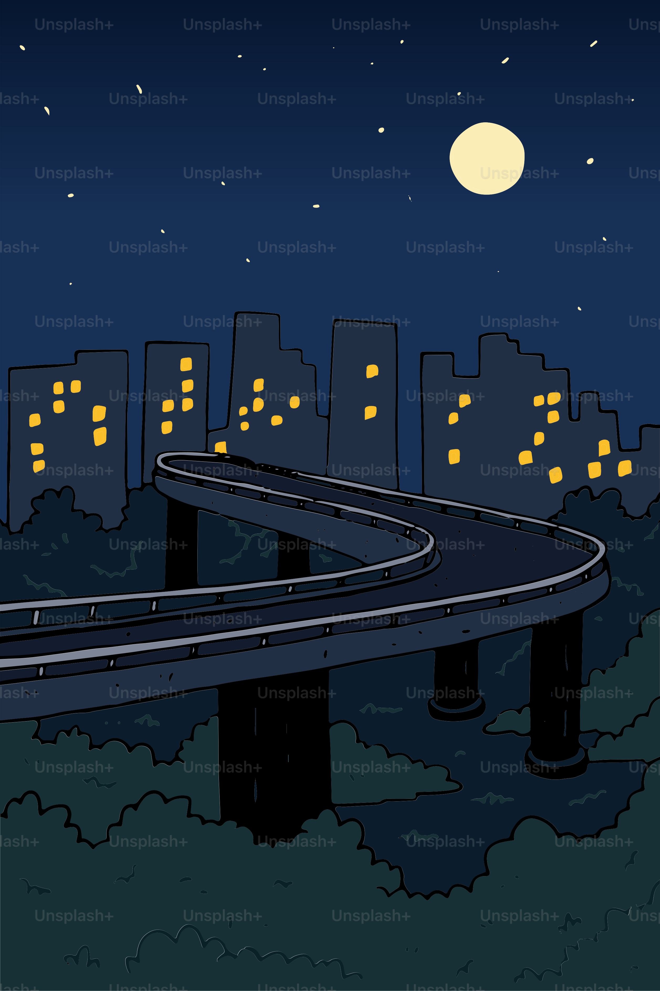A winding elevated highway at night with city lights.