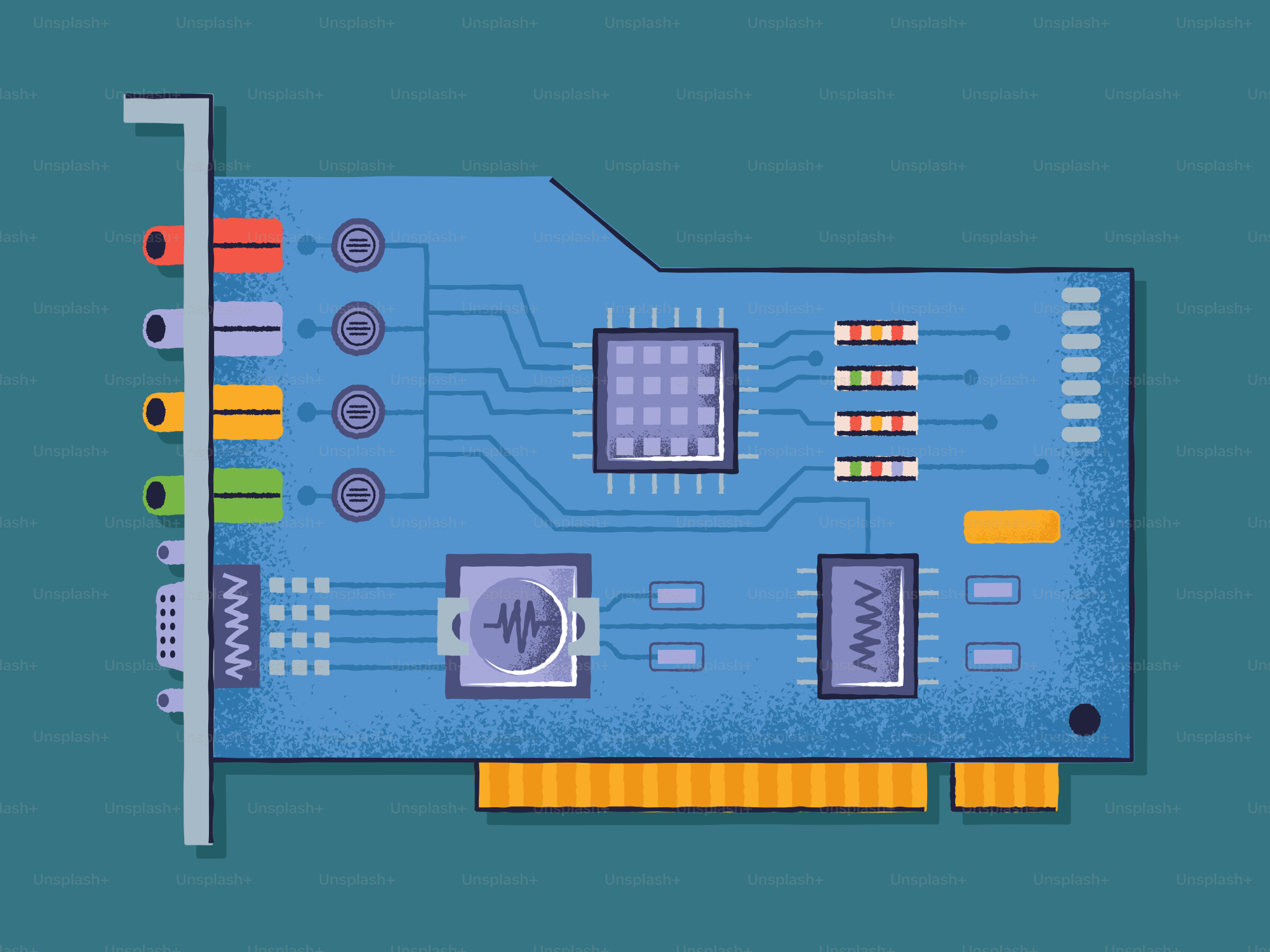 A blue circuit board with colorful connectors and chips