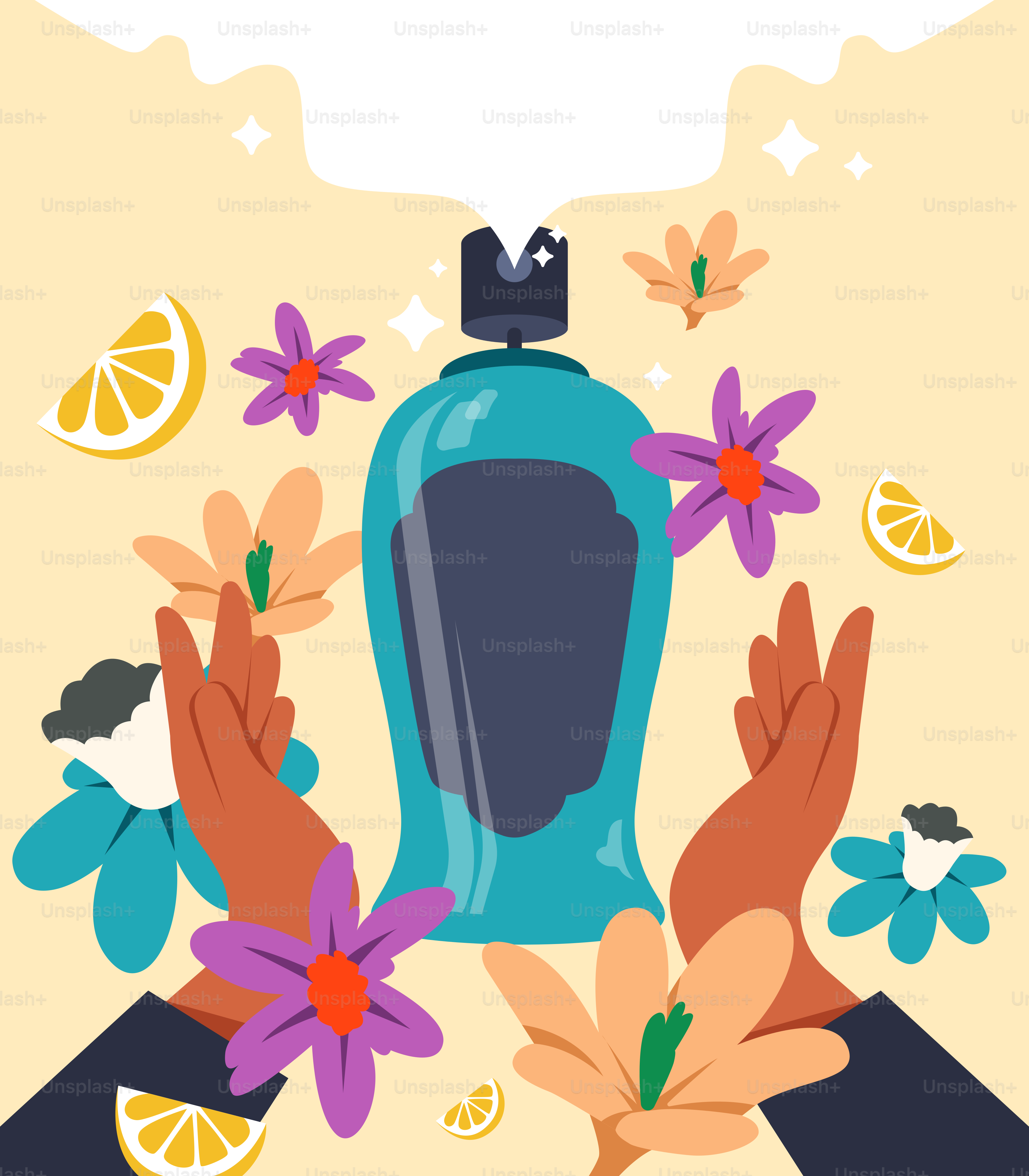 Perfume bottle surrounded by flowers and citrus slices.