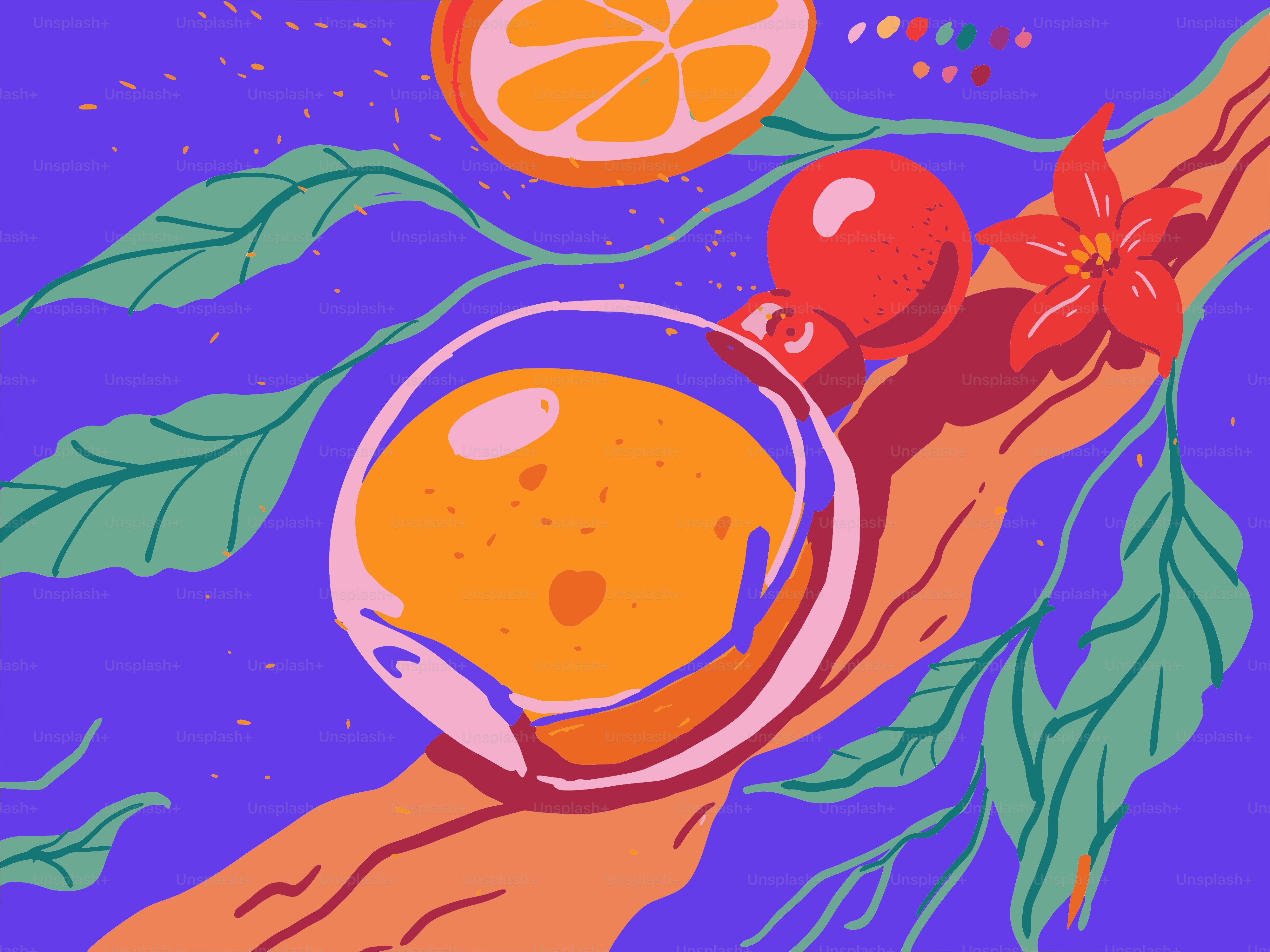 Orange juice in glass with fruit and leaves