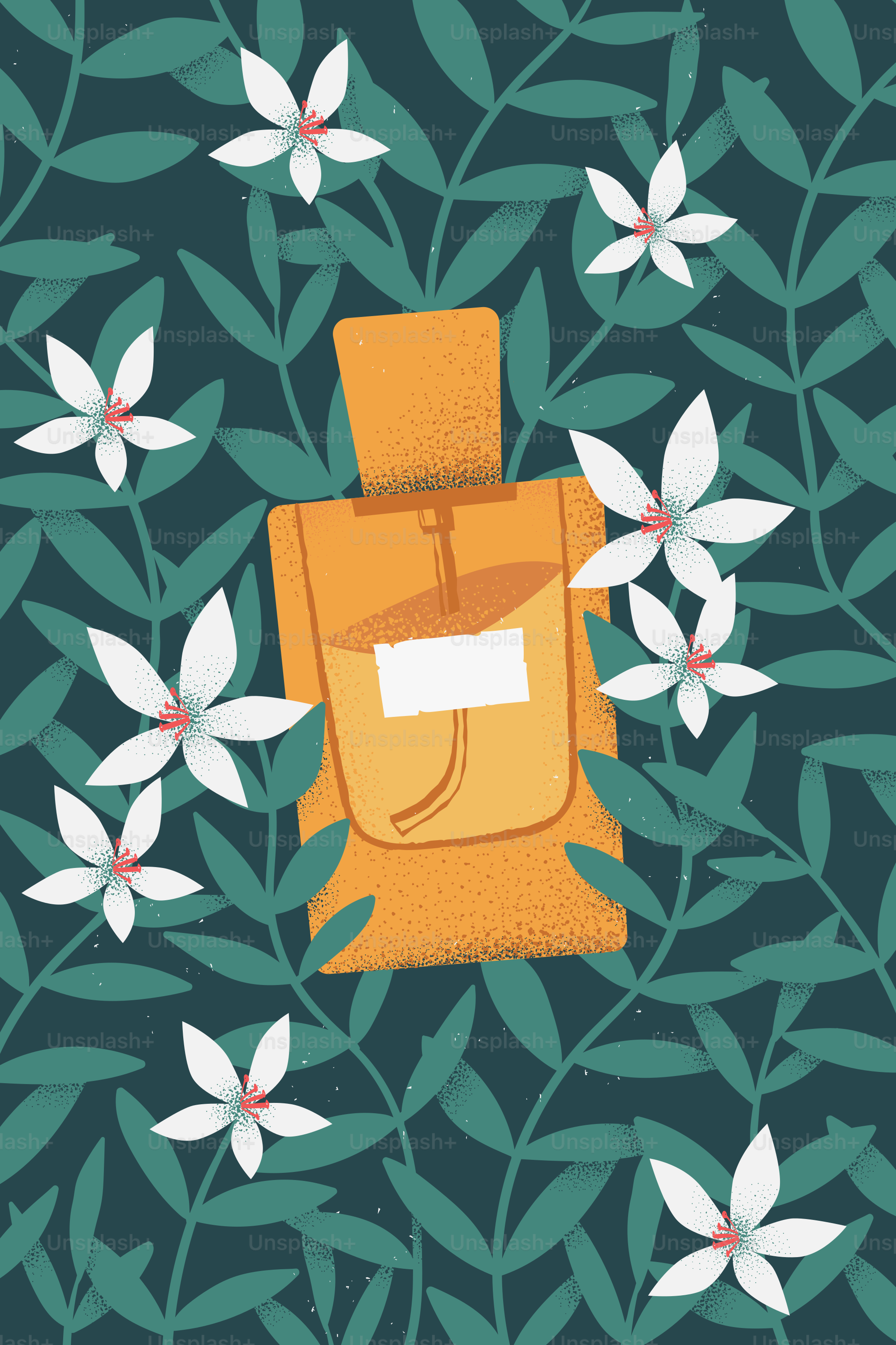 Orange perfume bottle surrounded by white flowers and leaves