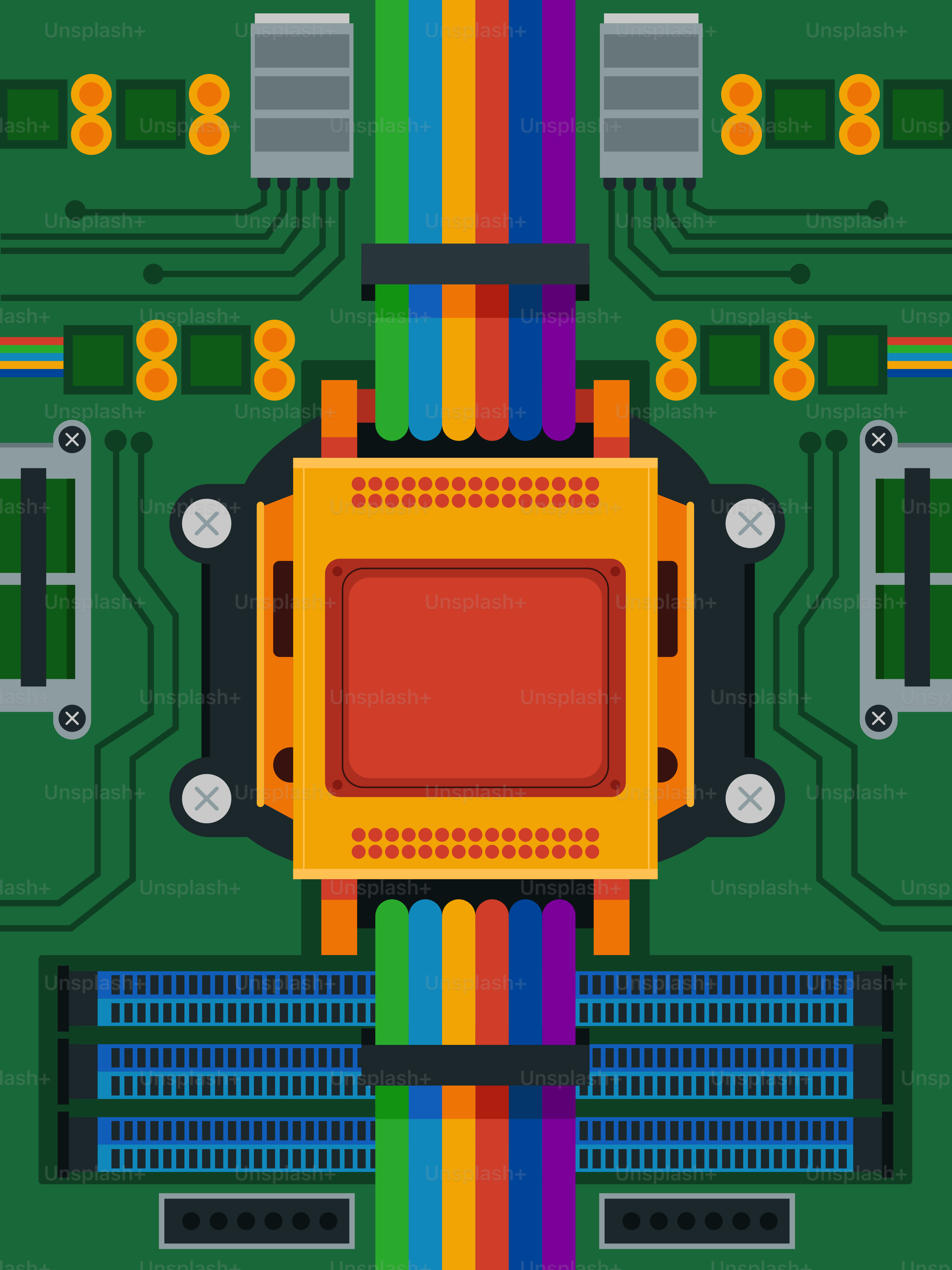 Fios coloridos conectam um processador central à placa de circuito