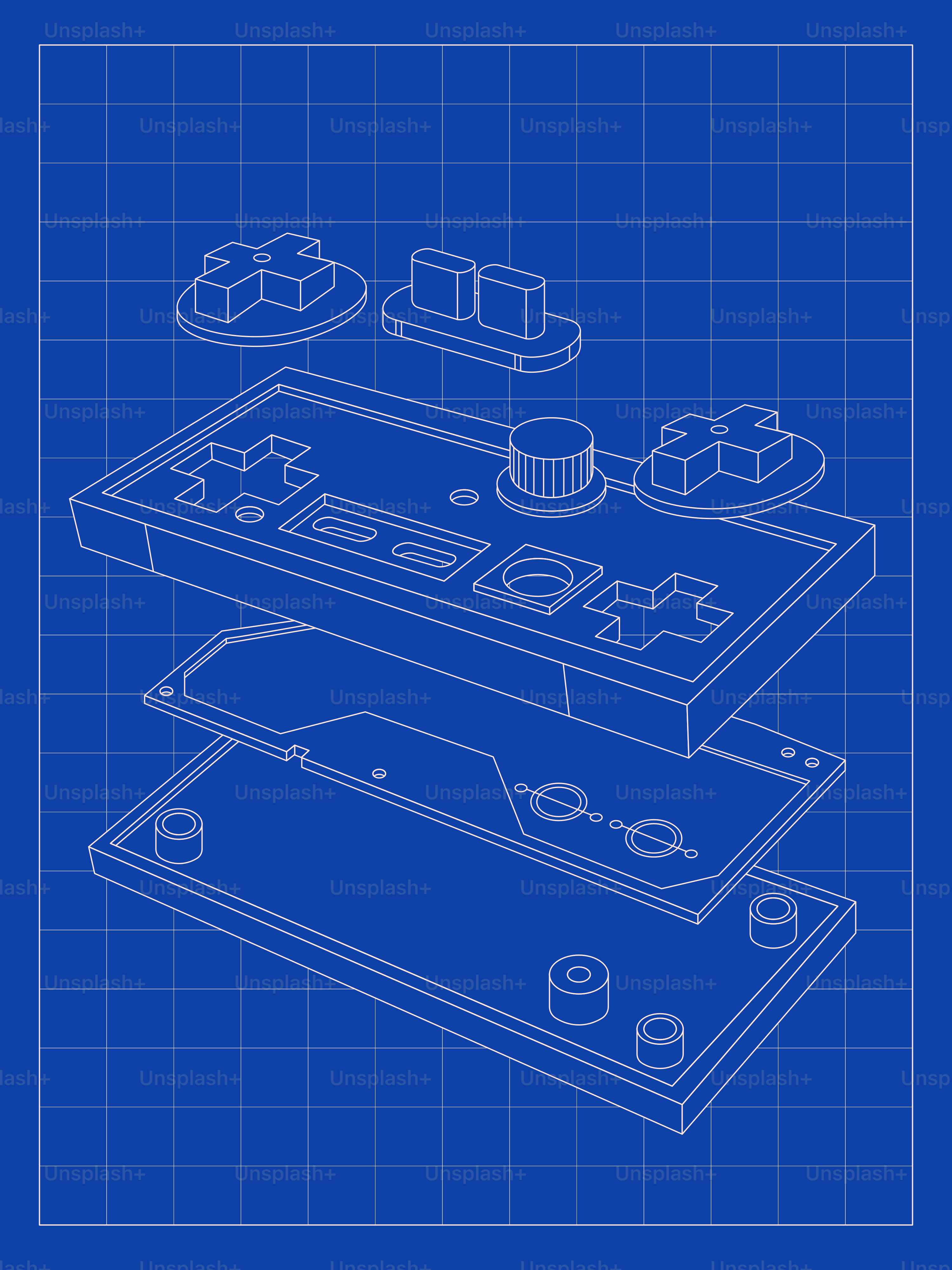 Exploded view blueprint of a video game controller