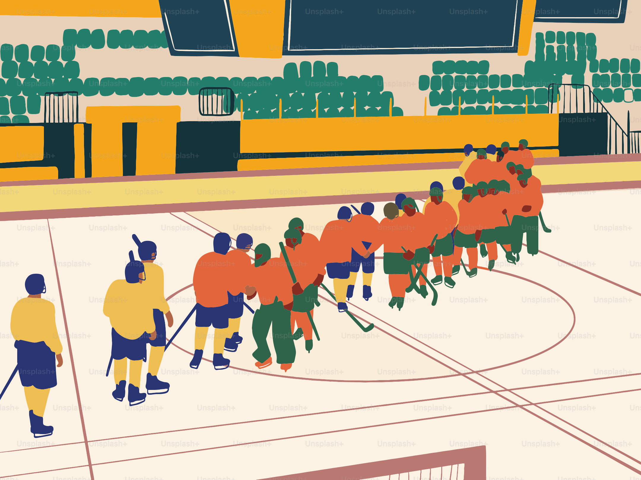 Hockey players line up on the ice after a game.