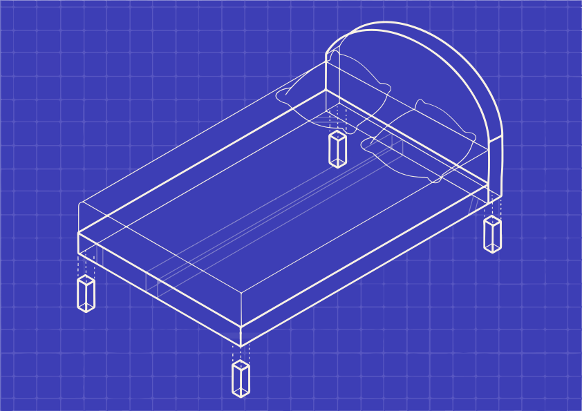 Bauplan eines Bettes auf einem blauen Raster-Hintergrund