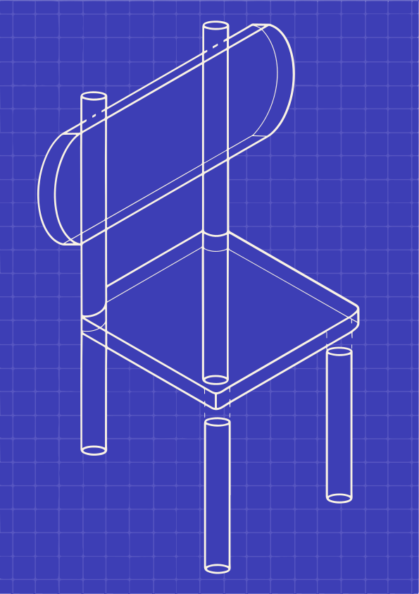 Bauplan für ein modernes Stuhldesign auf blauem Raster.