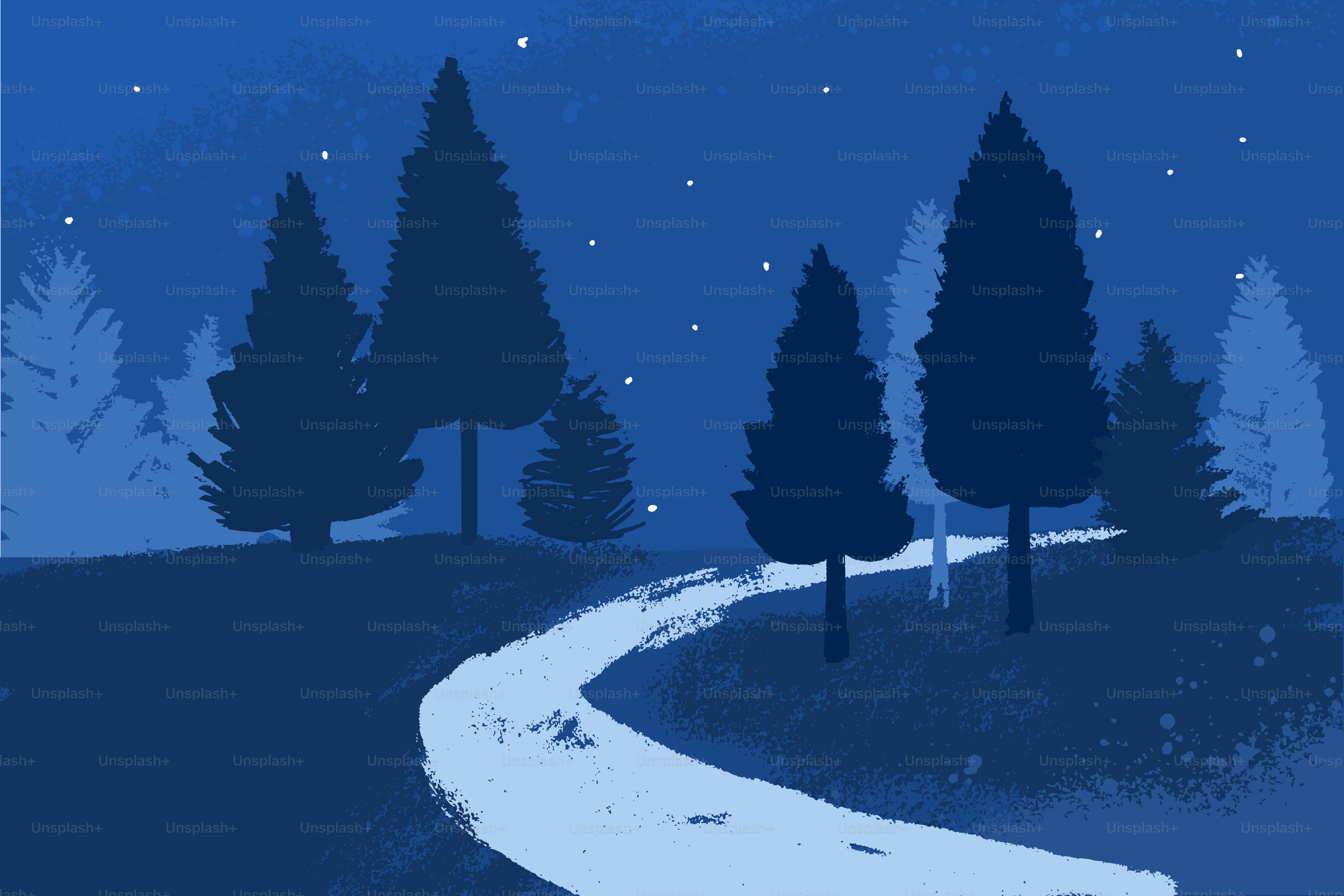 Un chemin sinueux à travers une forêt sombre et étoilée.