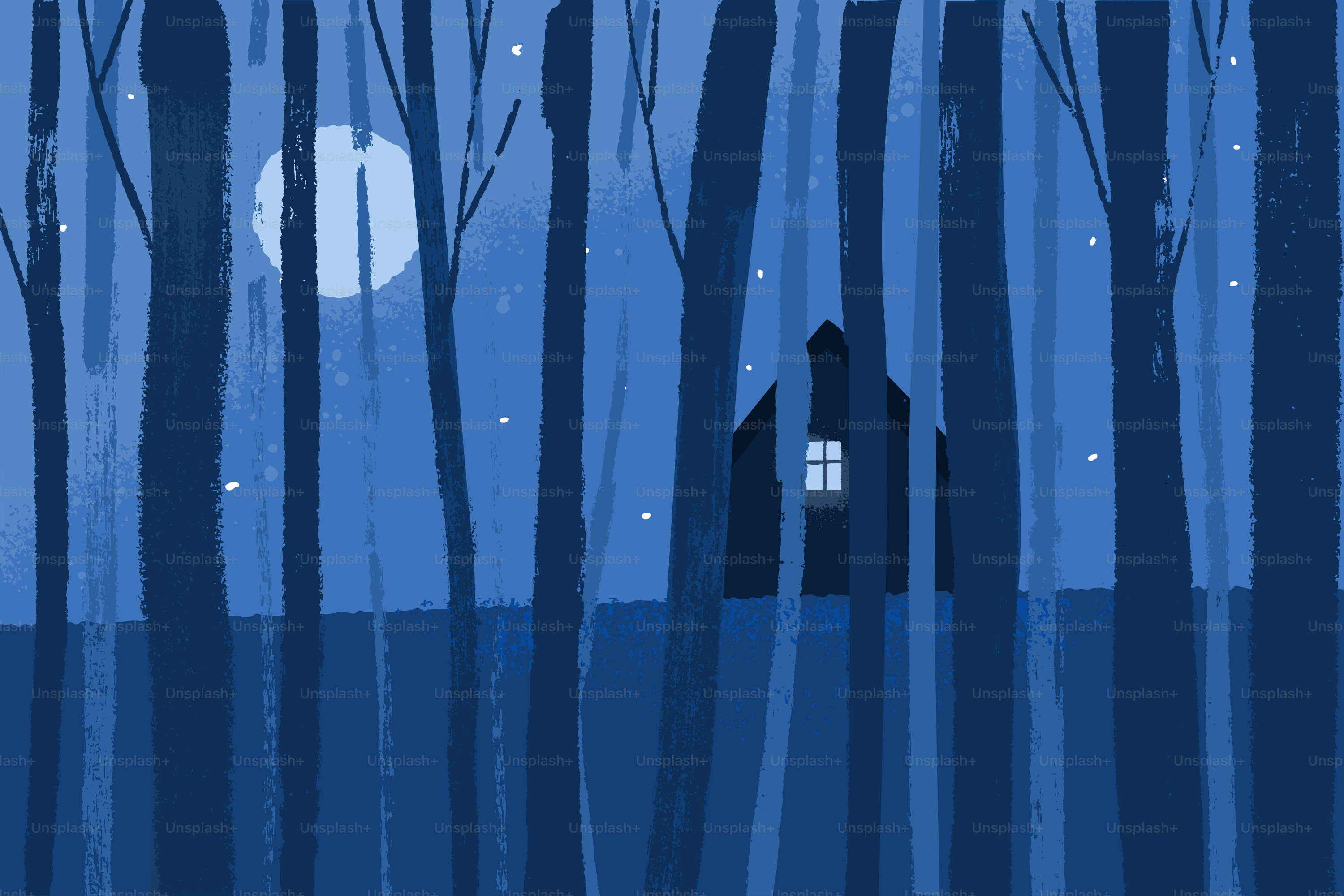 Une forêt sombre avec une cabane éclairée et une pleine lune.