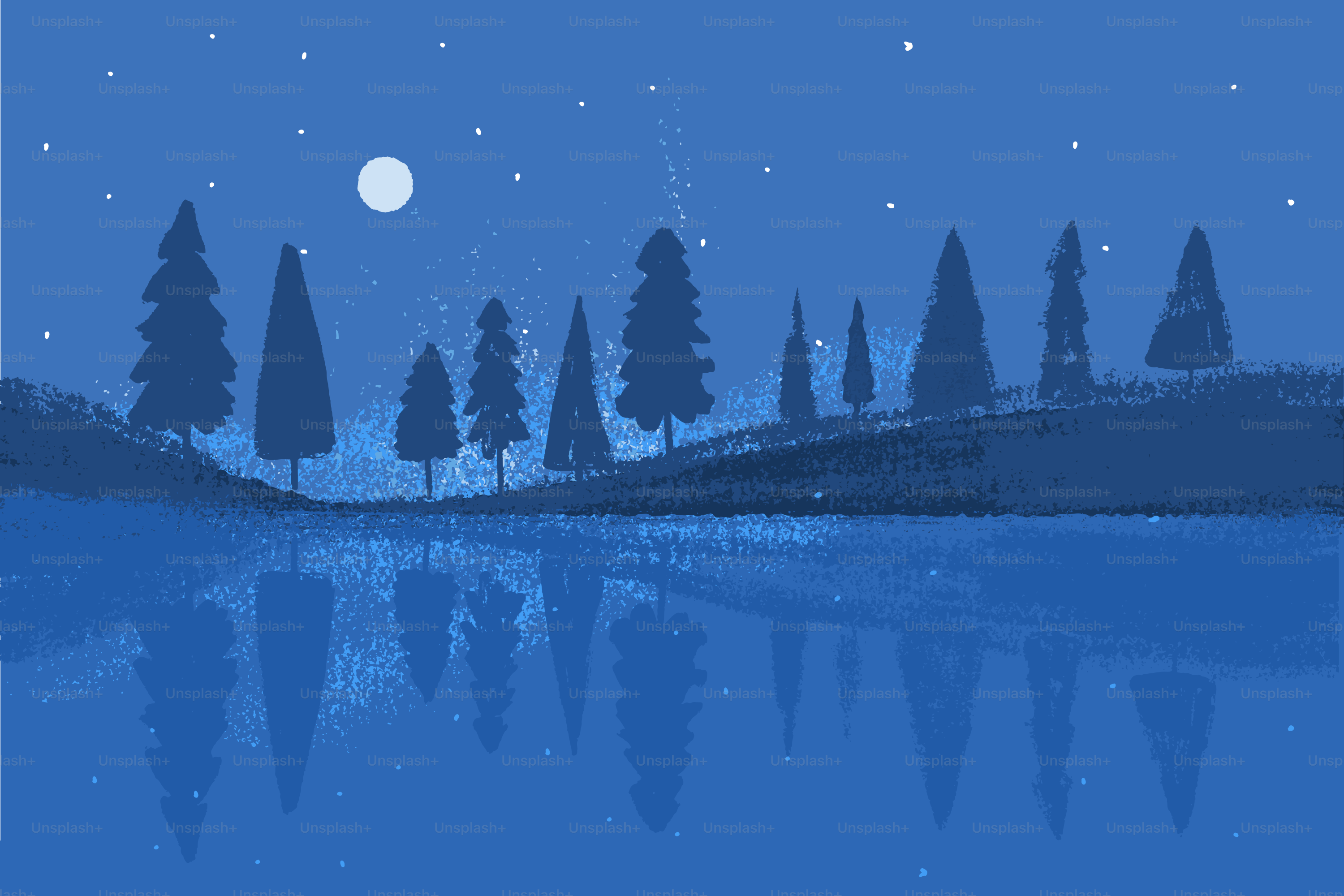 Forêt éclairée par la lune se reflétant dans l’eau calme la nuit