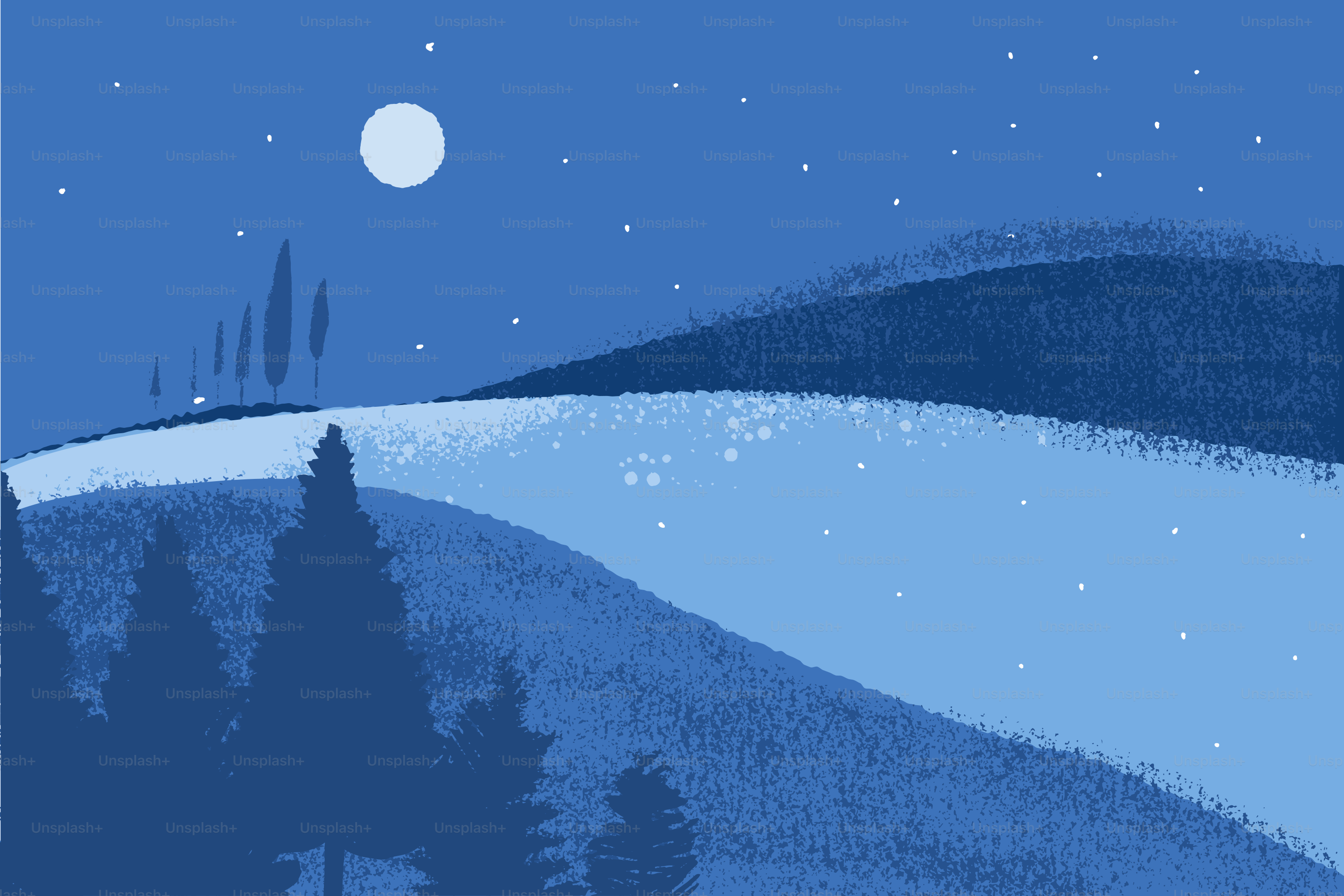 Un paysage hivernal bleu avec une lune et des étoiles