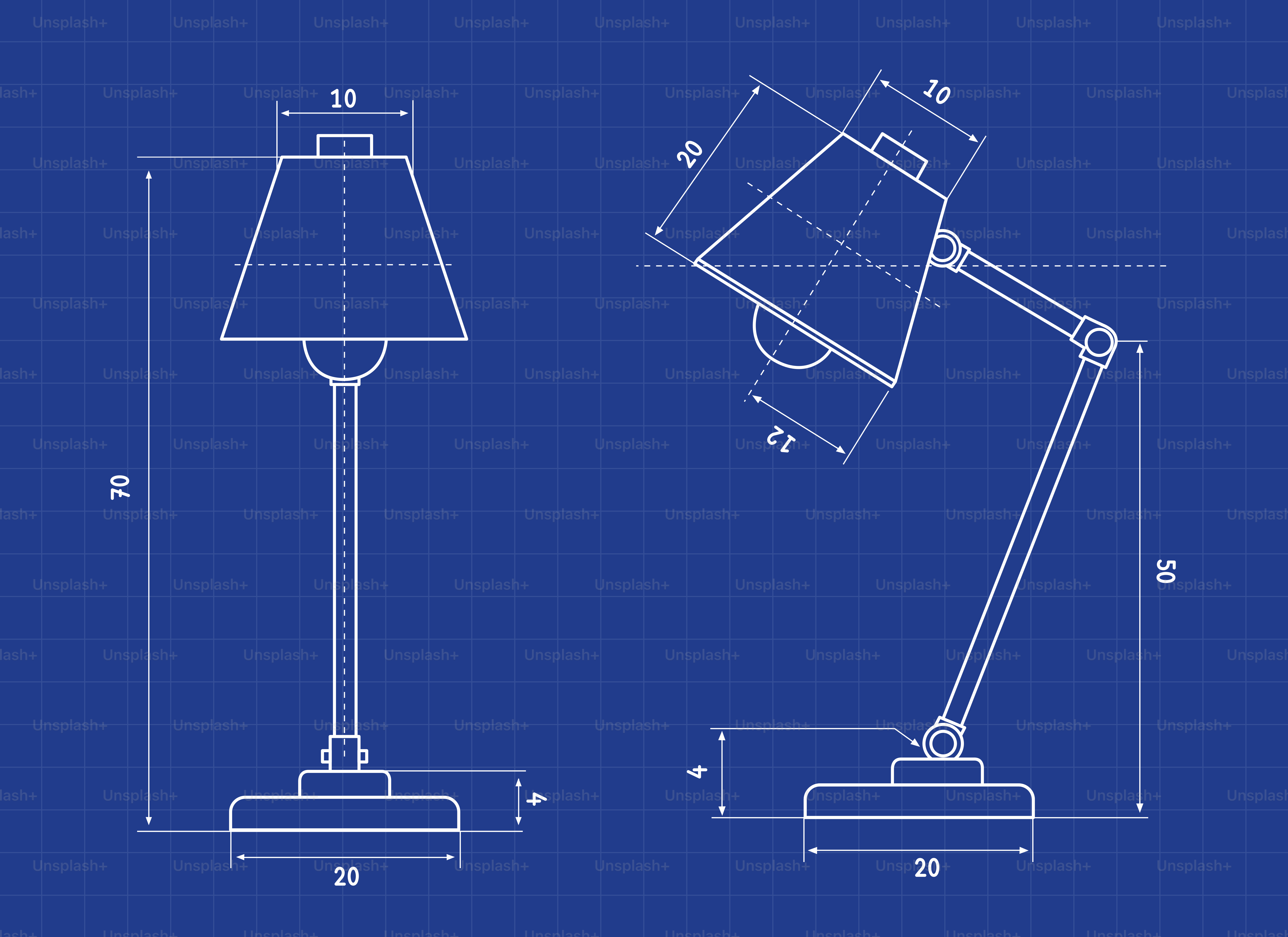 Blueprint of a desk lamp with dimensions