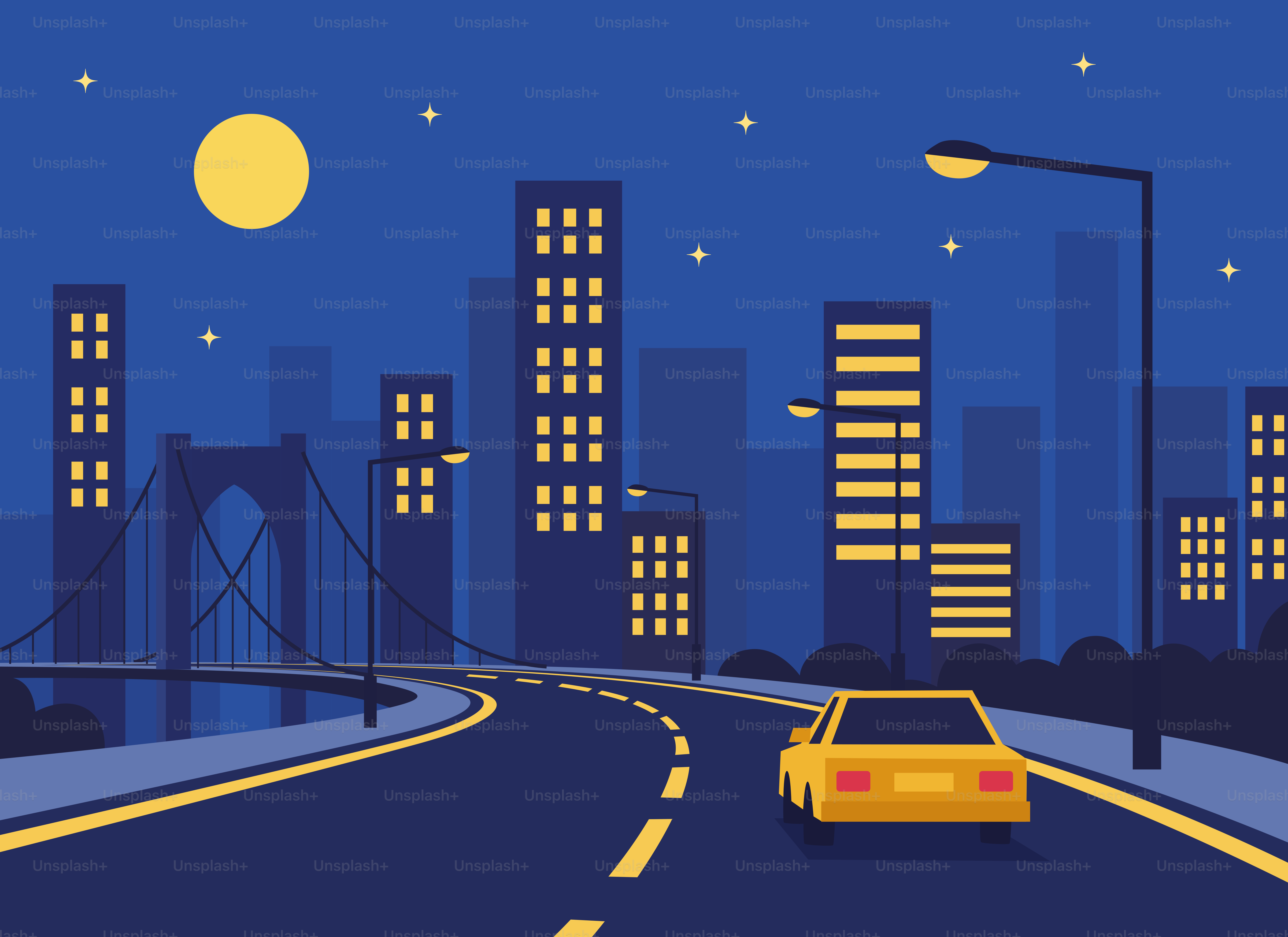 Un'auto gialla guida su una strada di notte.