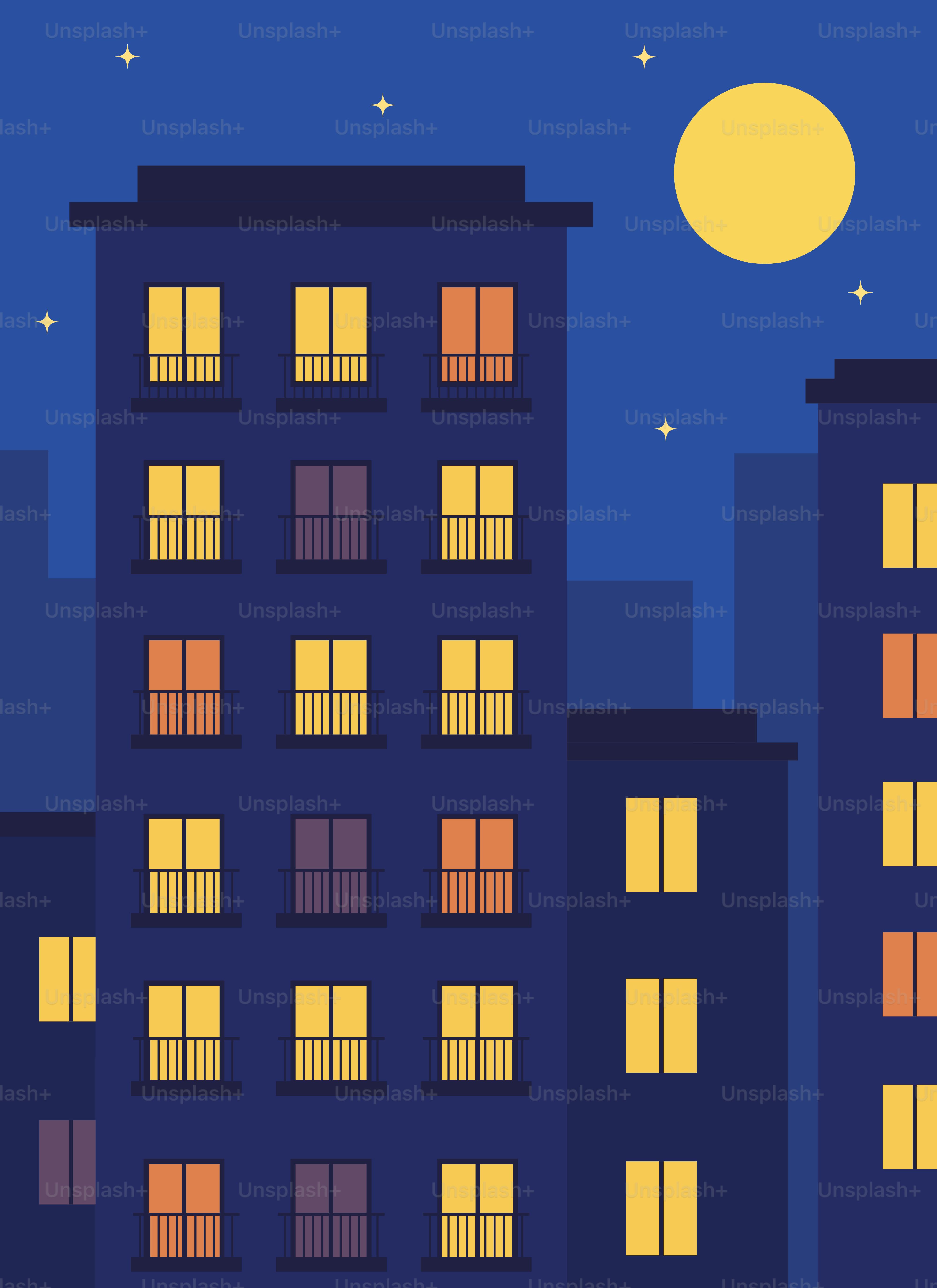 Apartment buildings at night with a full moon.