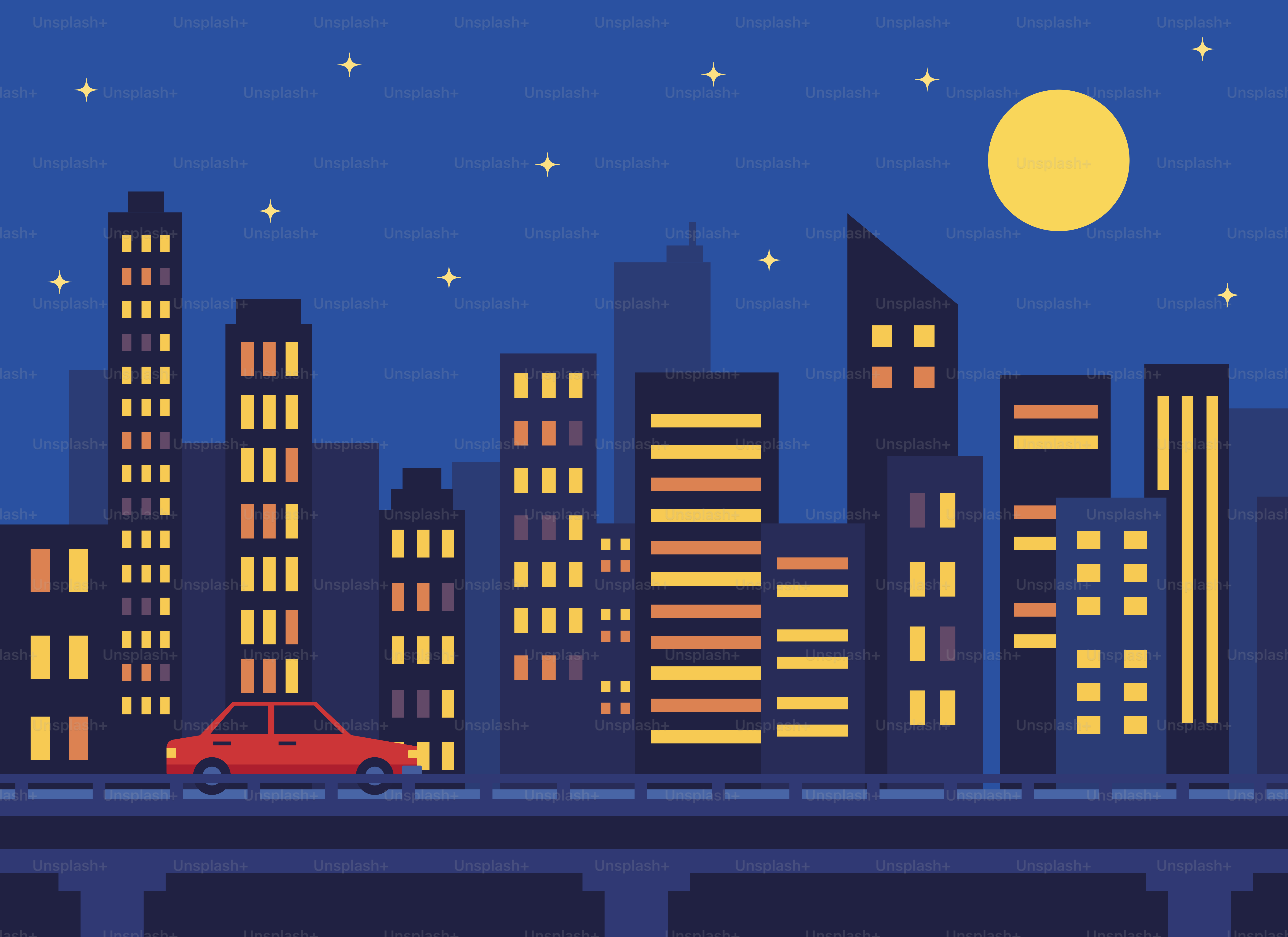 Ein rotes Auto fährt nachts an einer Stadtsilhouette vorbei.