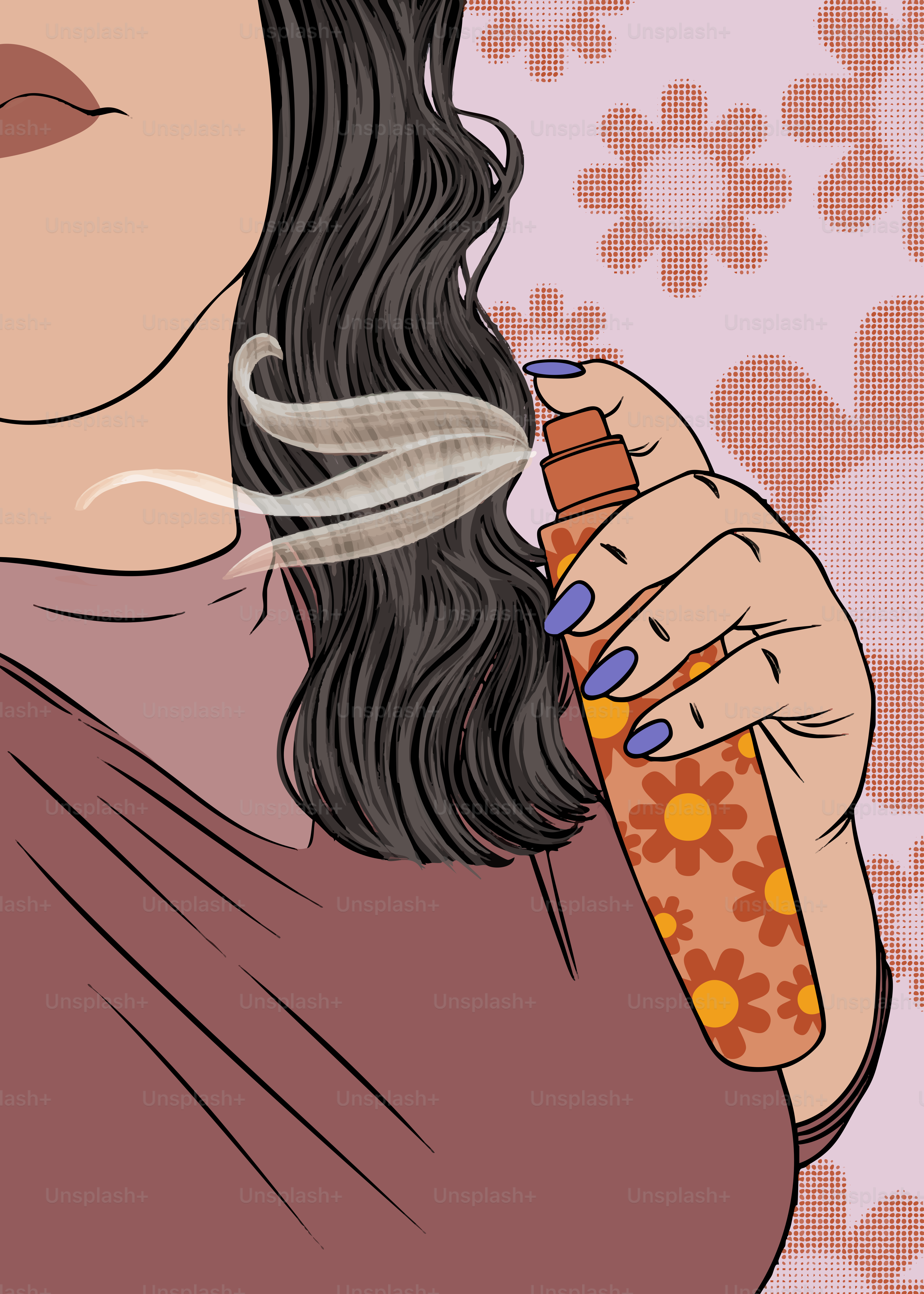 Femme vaporisant du parfum capillaire avec un flacon à motifs floraux