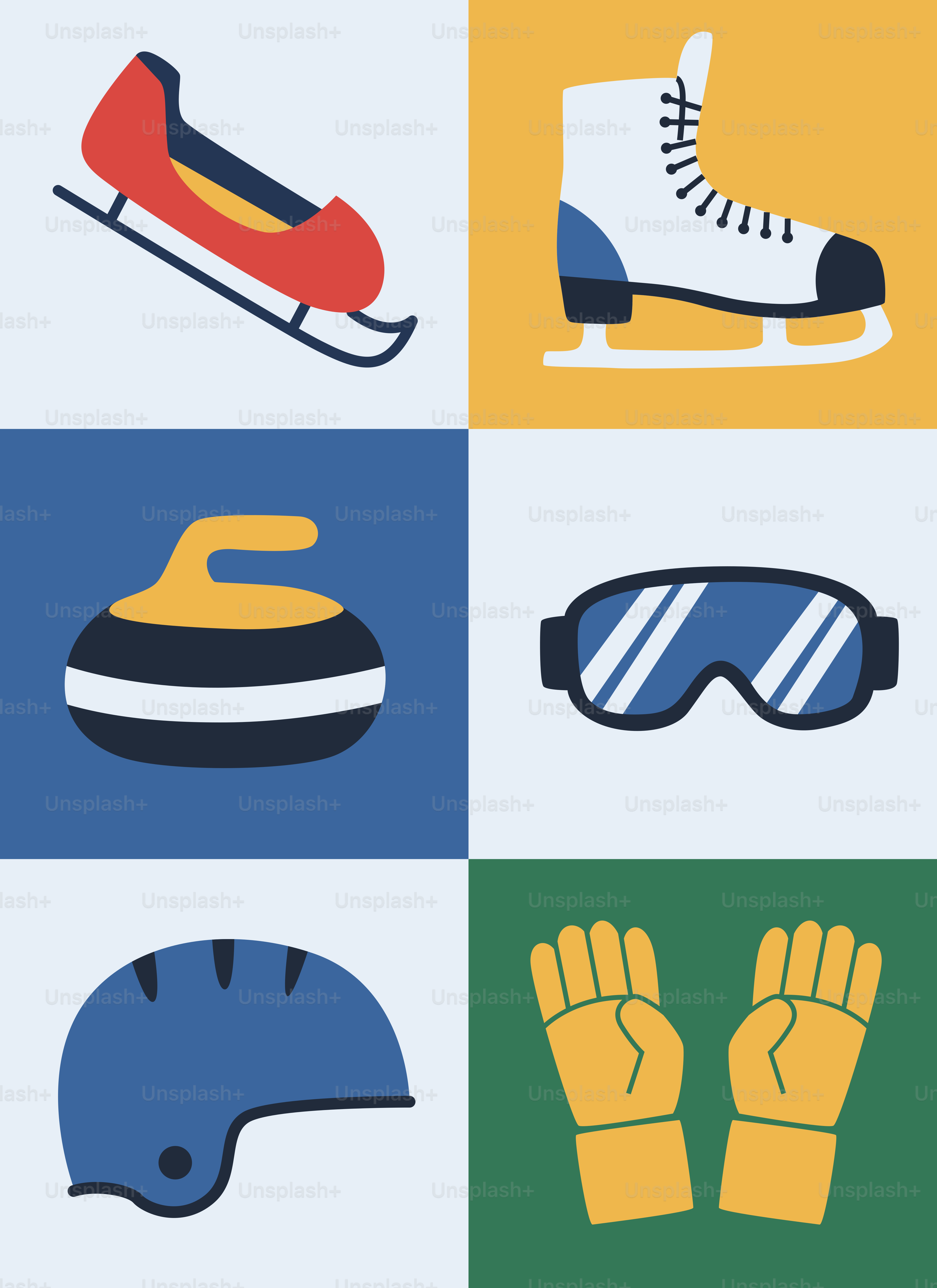 Winter sports equipment collage on colorful background