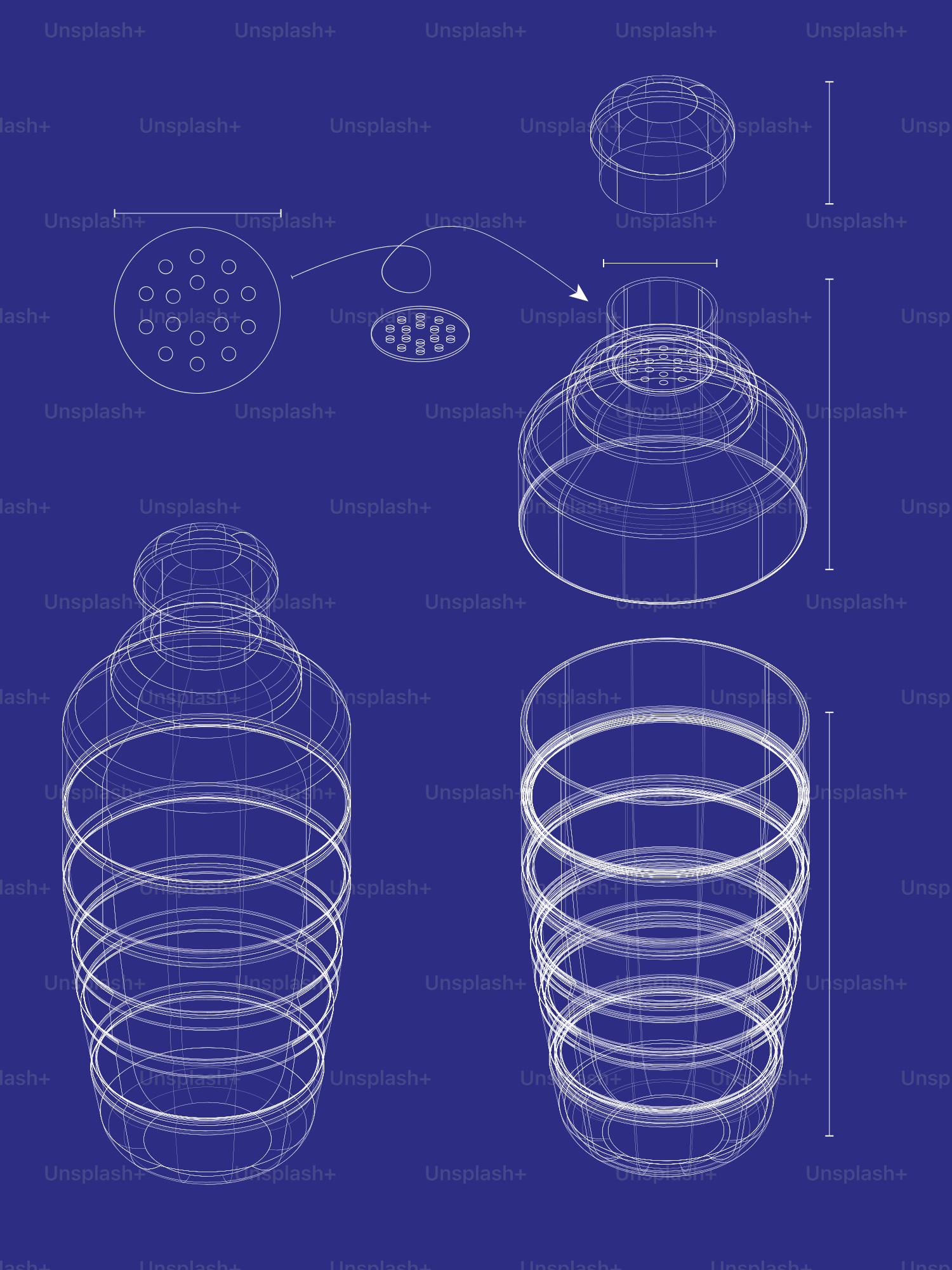 Plano de alambre de una coctelera y vaso.