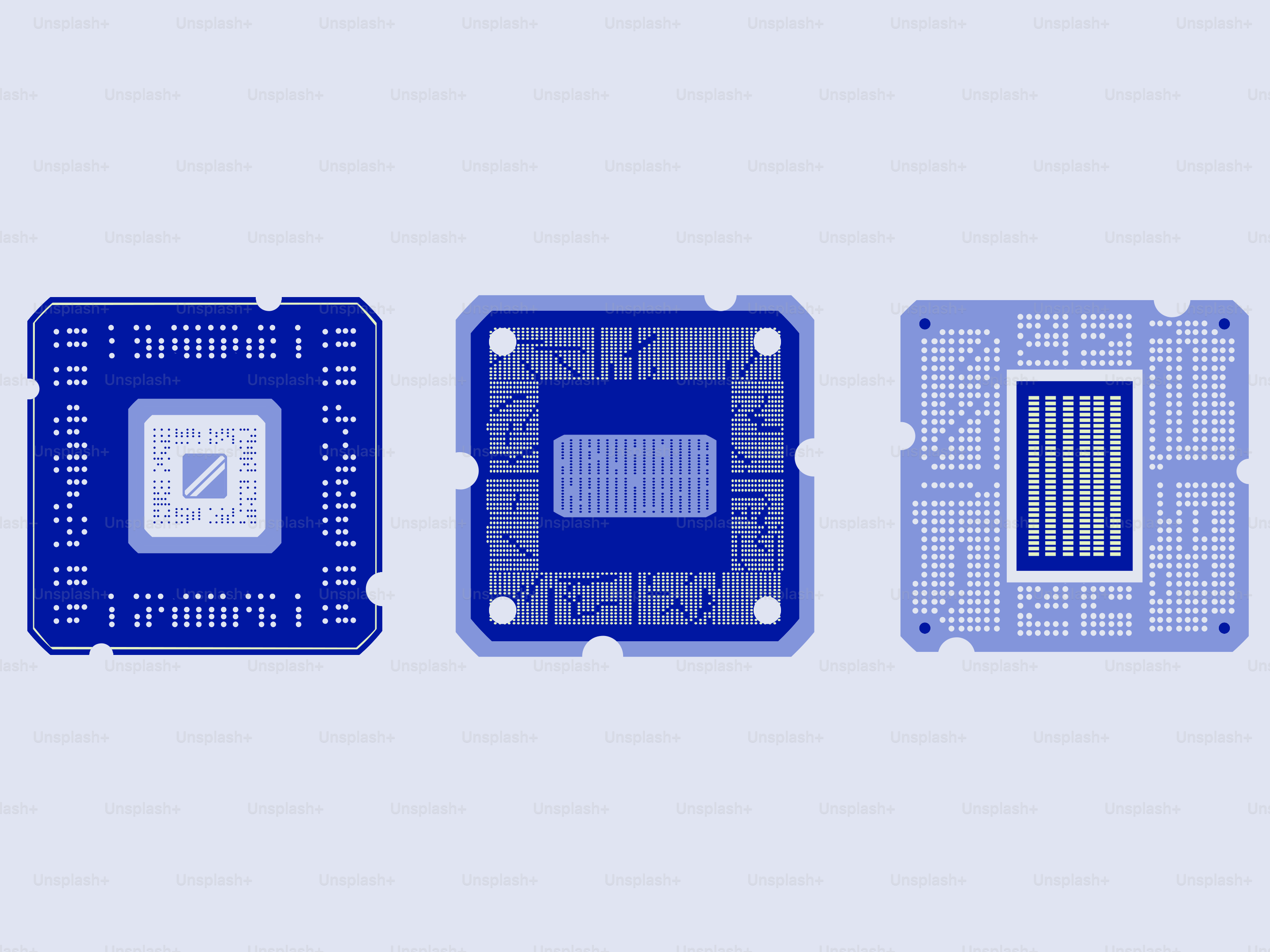 青い背景に3つの異なるコンピュータプロセッサが描かれている