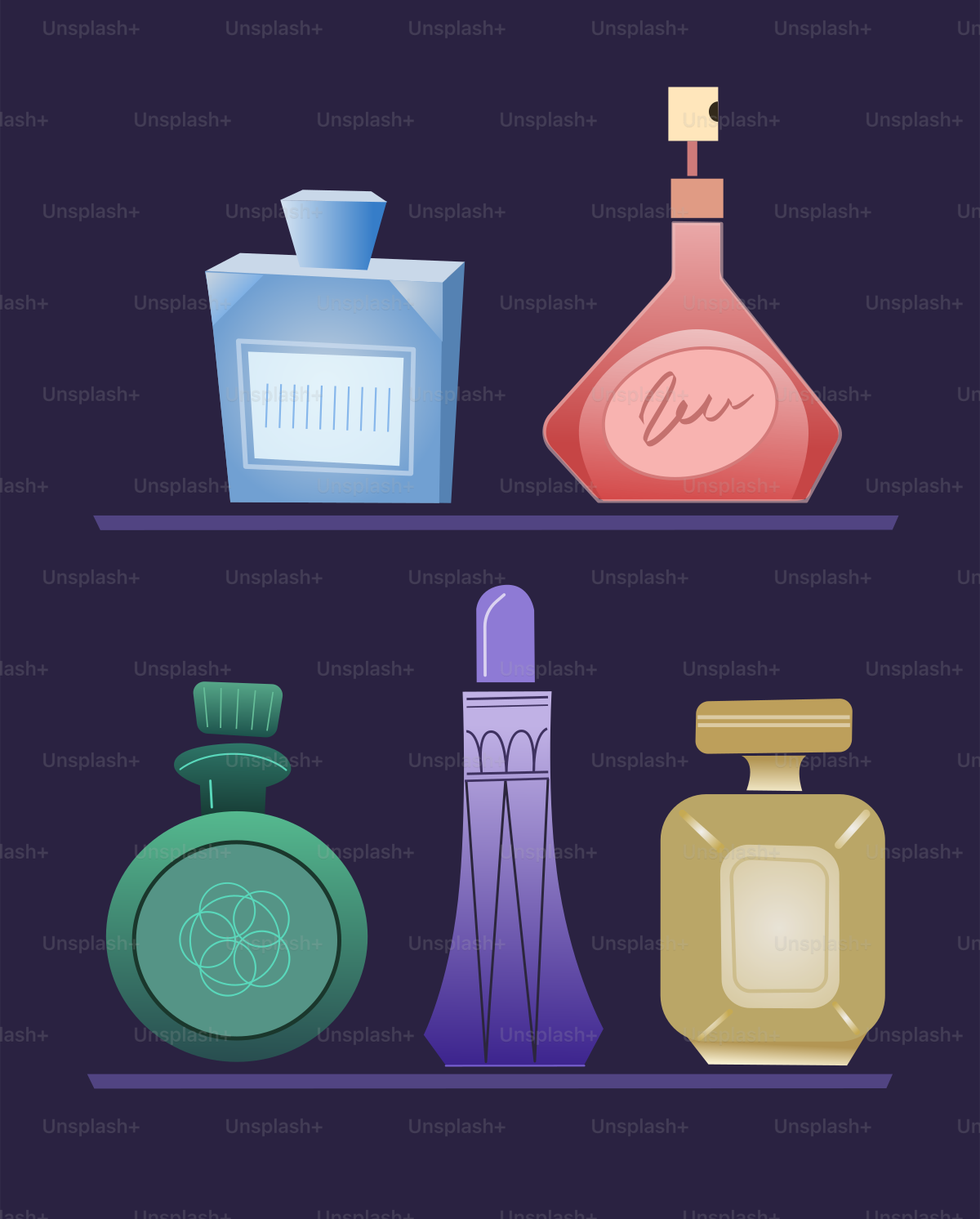 Assortment of decorative perfume bottles on shelves