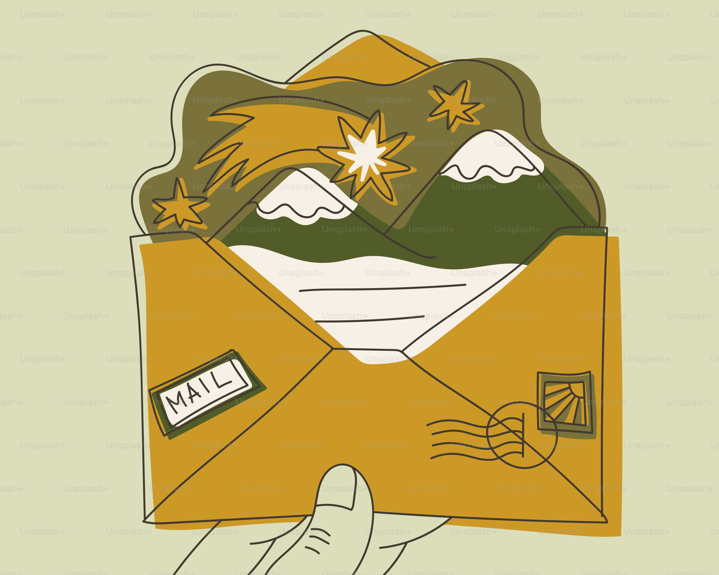 Hand holding an open envelope with a mountain landscape.
