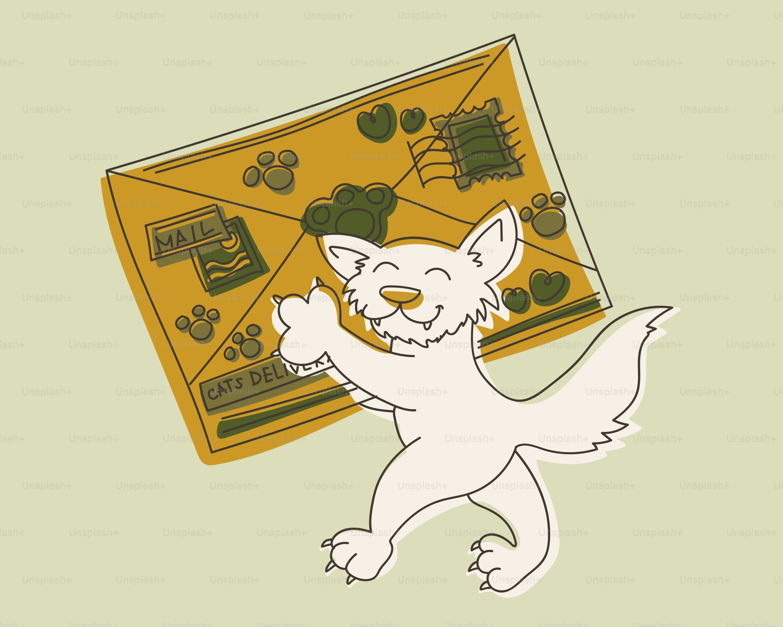A cartoon dog carries a large envelope with paw prints.