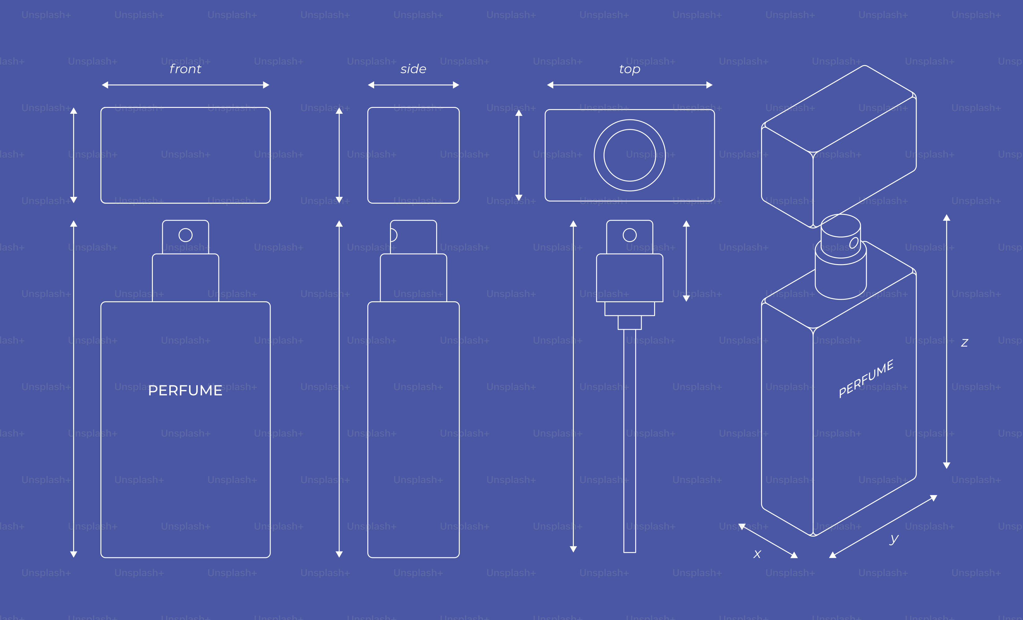 Plano de un frasco de perfume con dimensiones