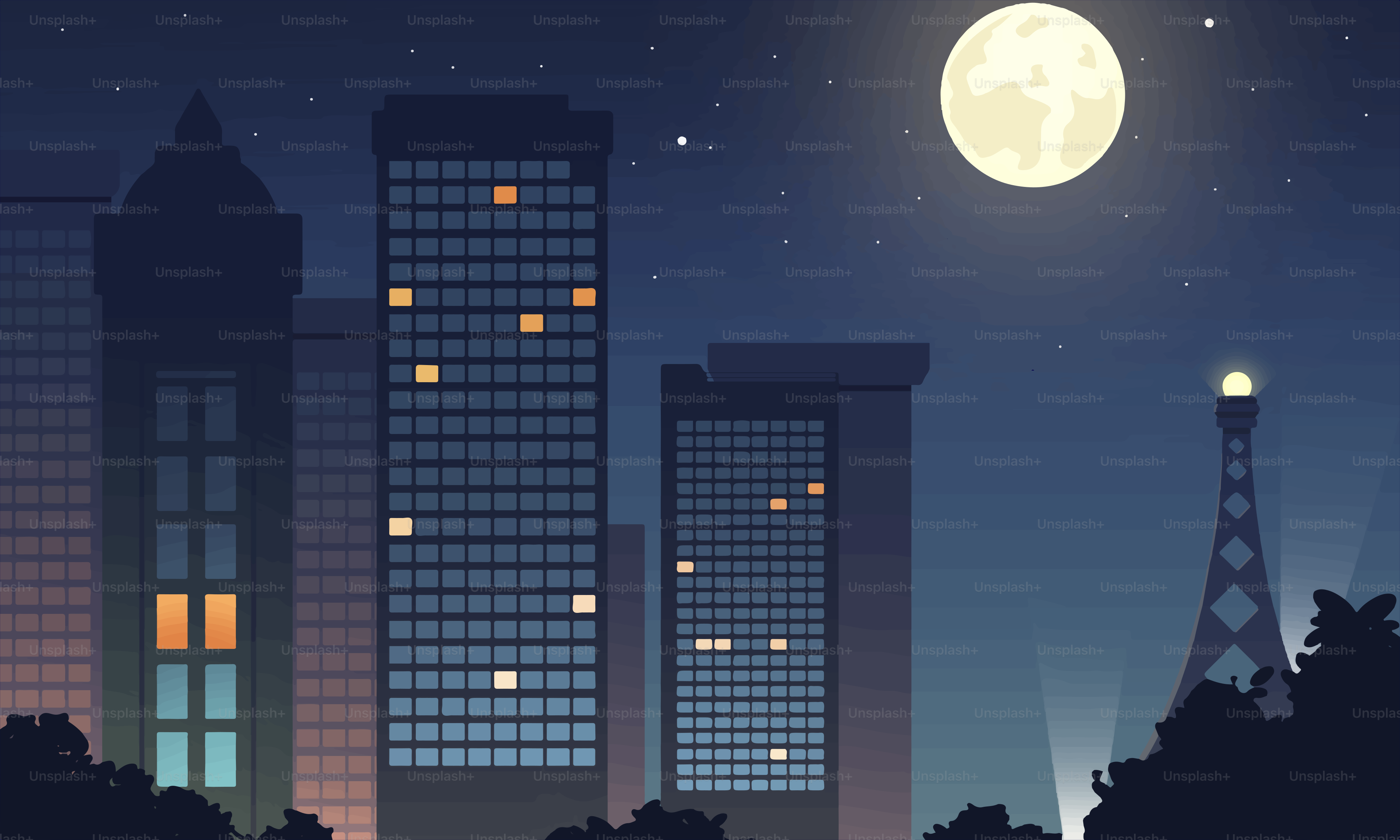 City skyline at night with full moon.