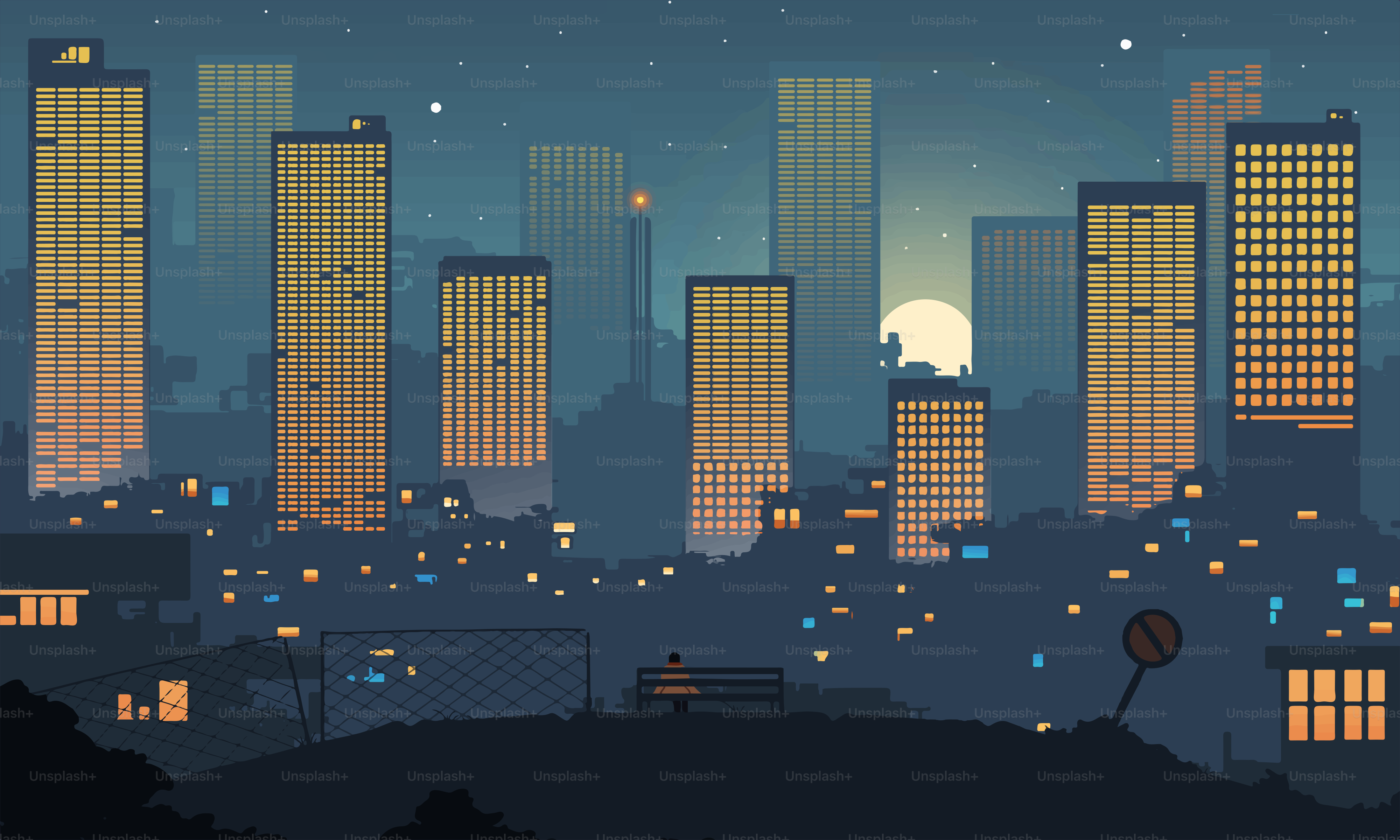 Pixel art cityscape at night with glowing windows.