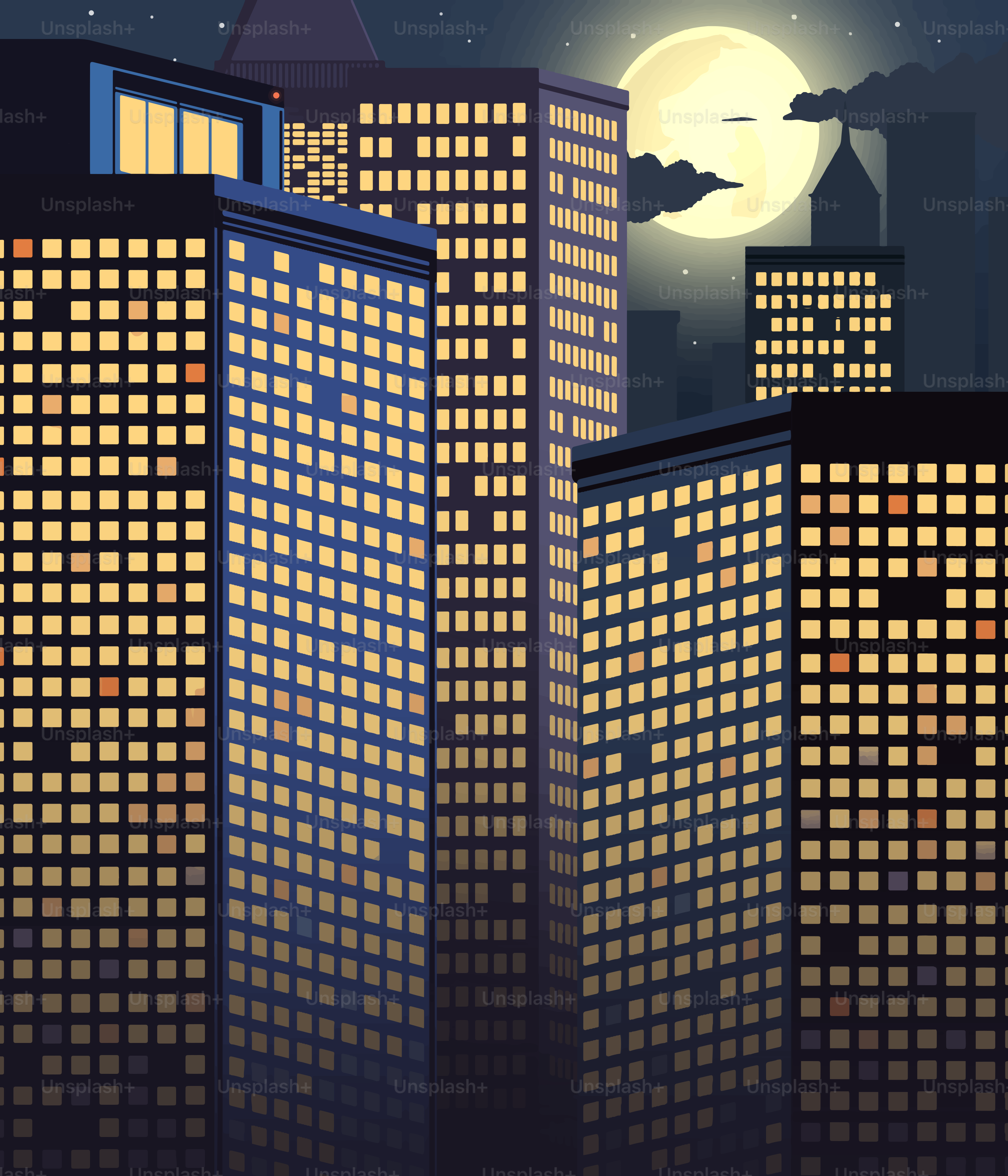 Tall illuminated buildings under a full moon