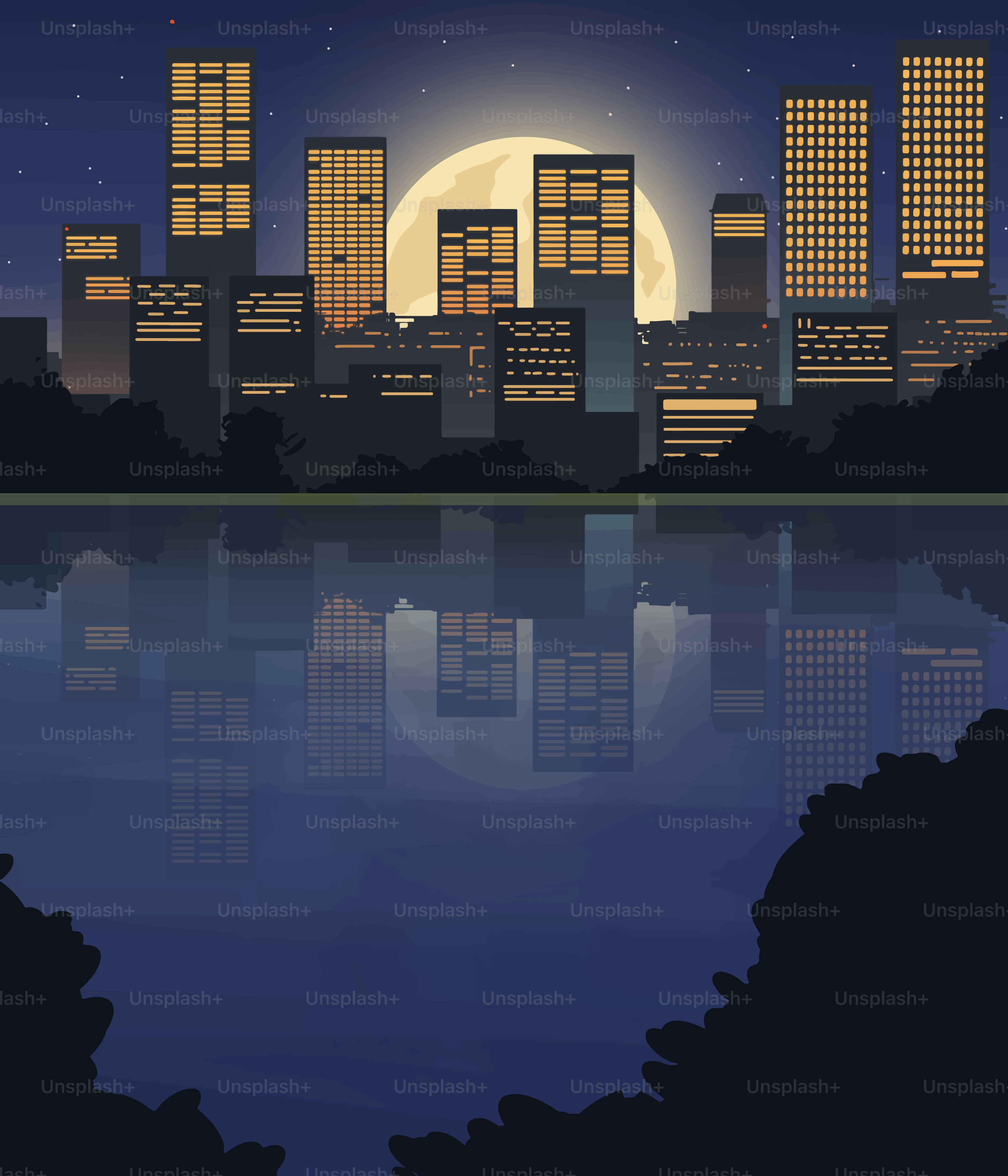 City skyline at night with full moon and reflection.