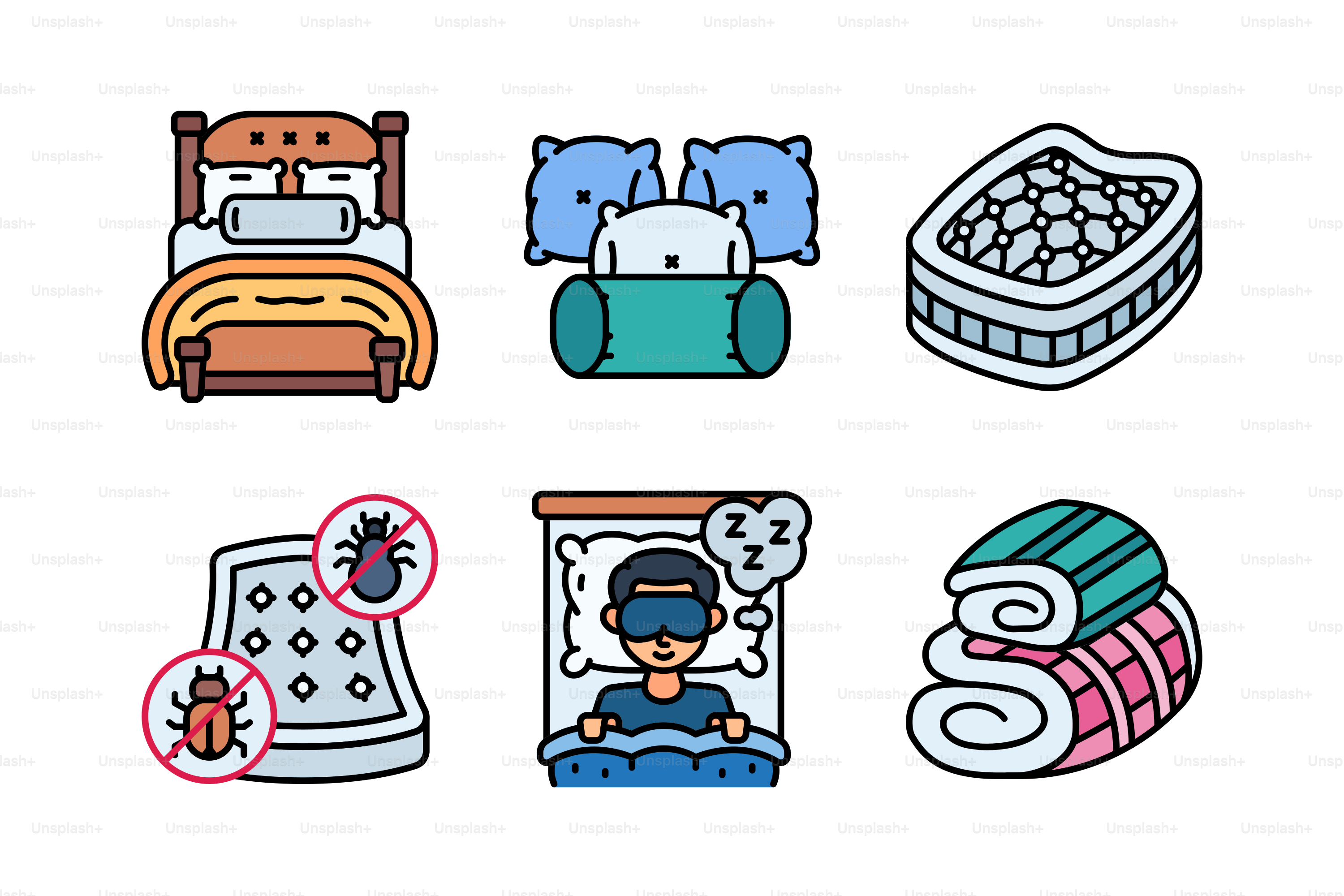 Sammlung von sechs Symbolen, die sich auf Schlaf und Schlaf beziehen.
