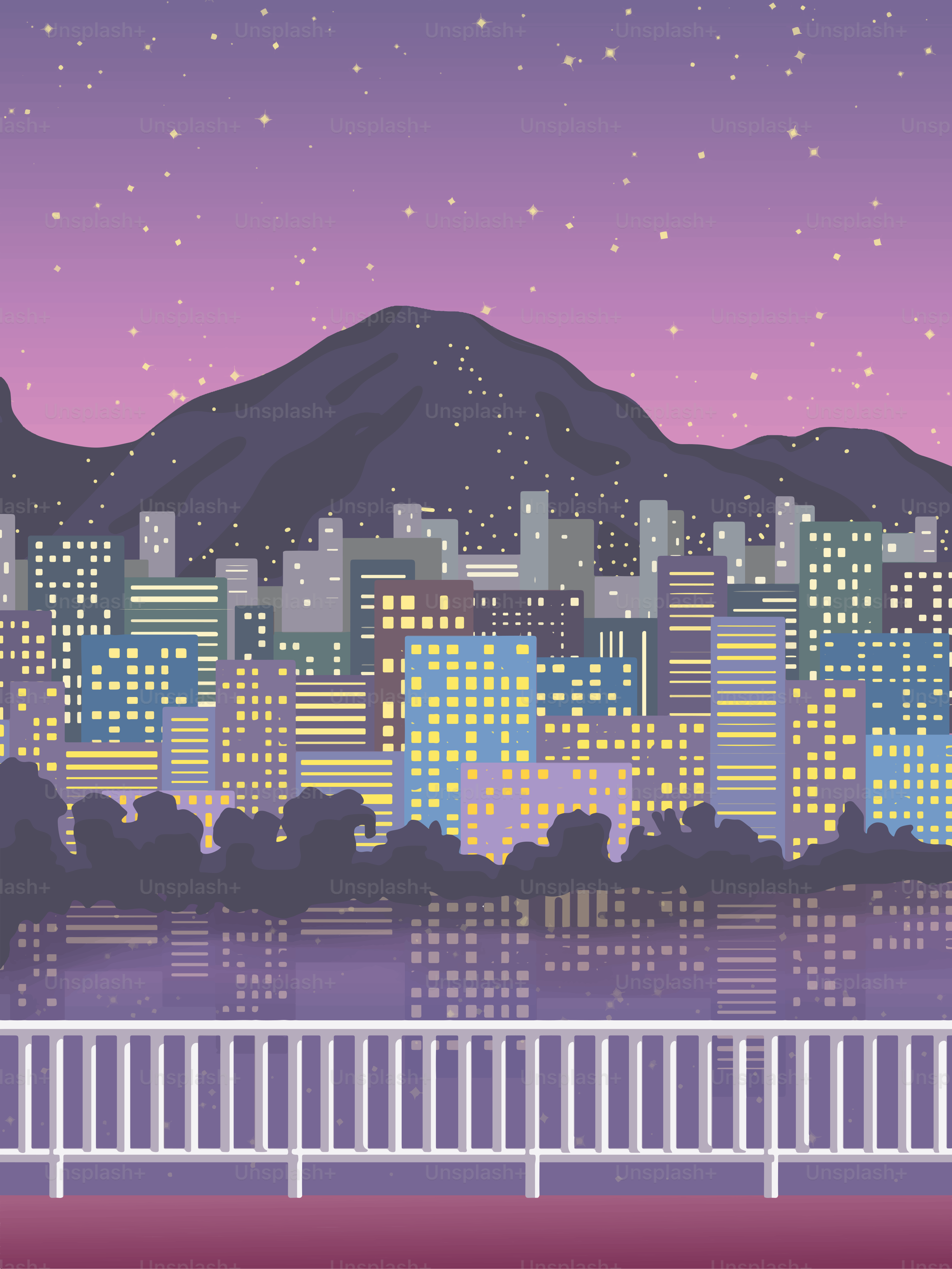 Cityscape with mountains and starry night sky