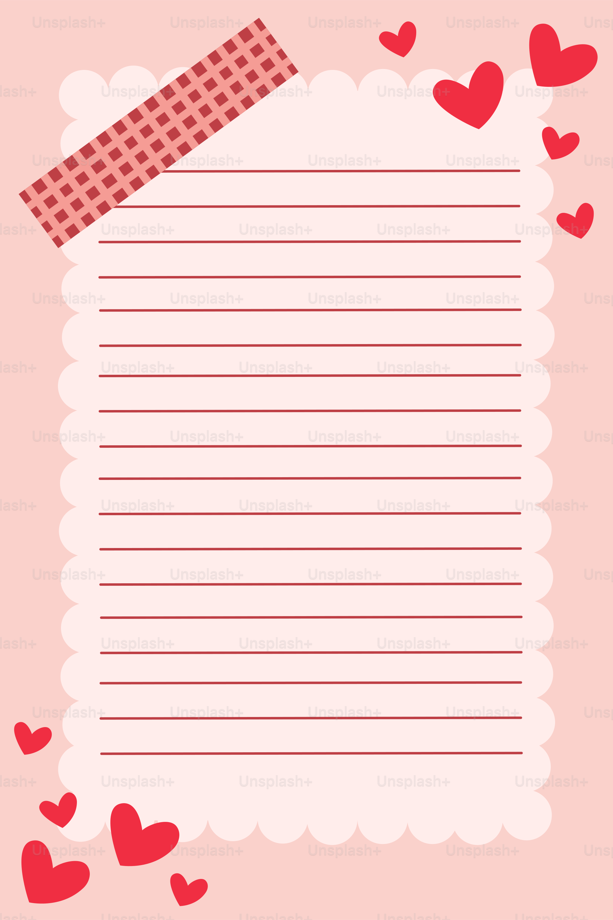 Pink stationery with red hearts and tape