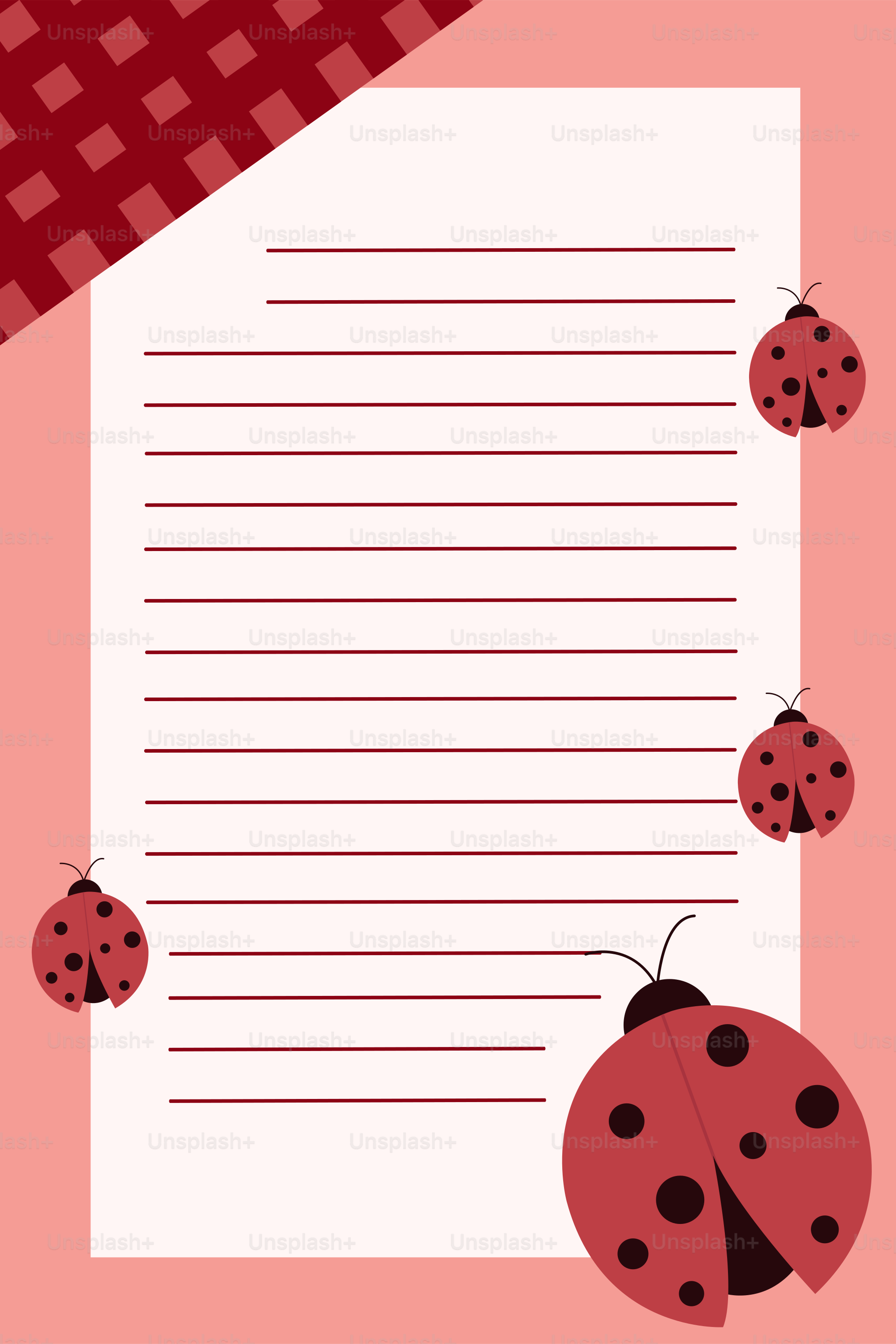 Lined paper with ladybugs and a red checkered corner.