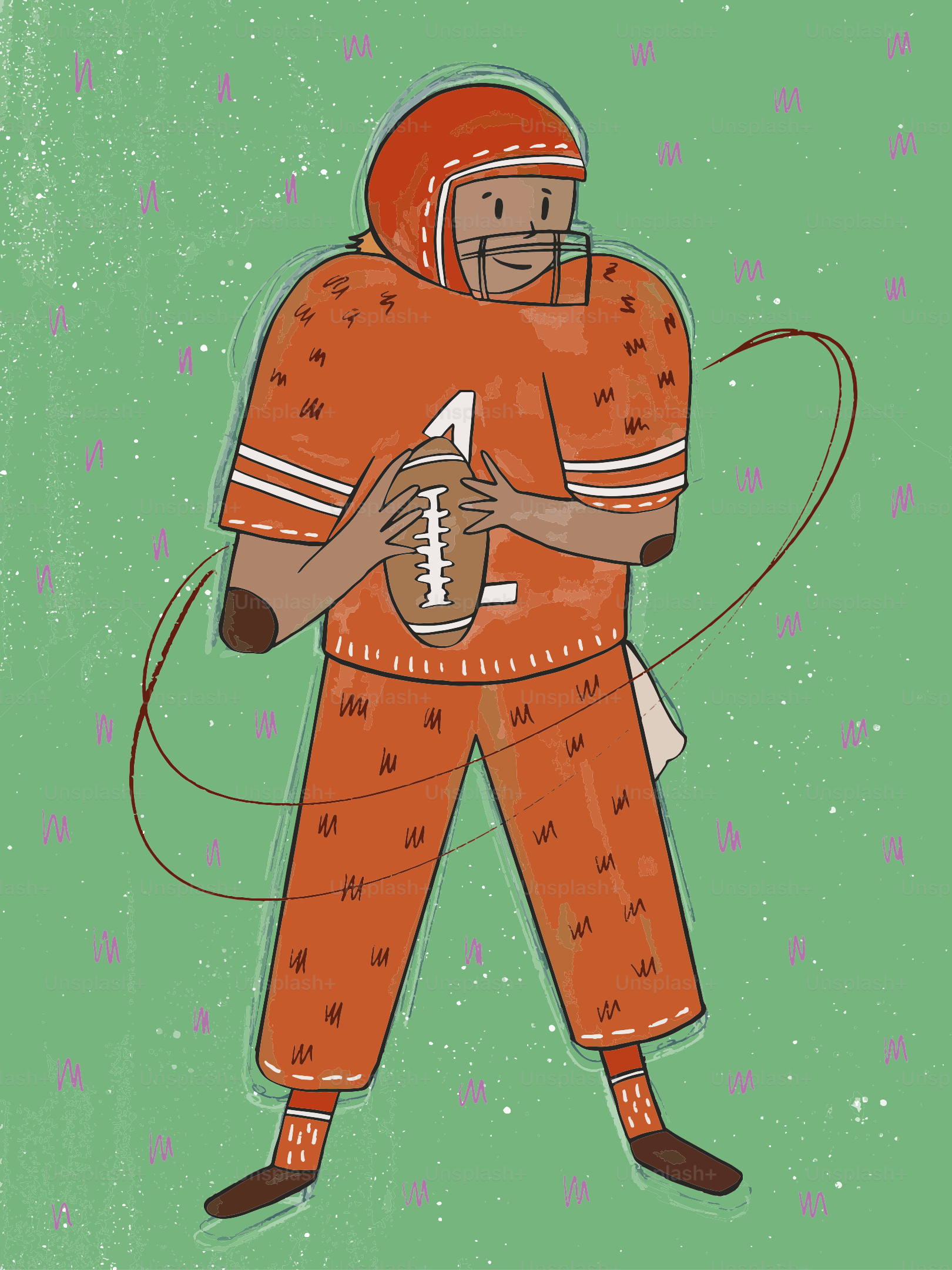 A football player in an orange uniform holds a football.