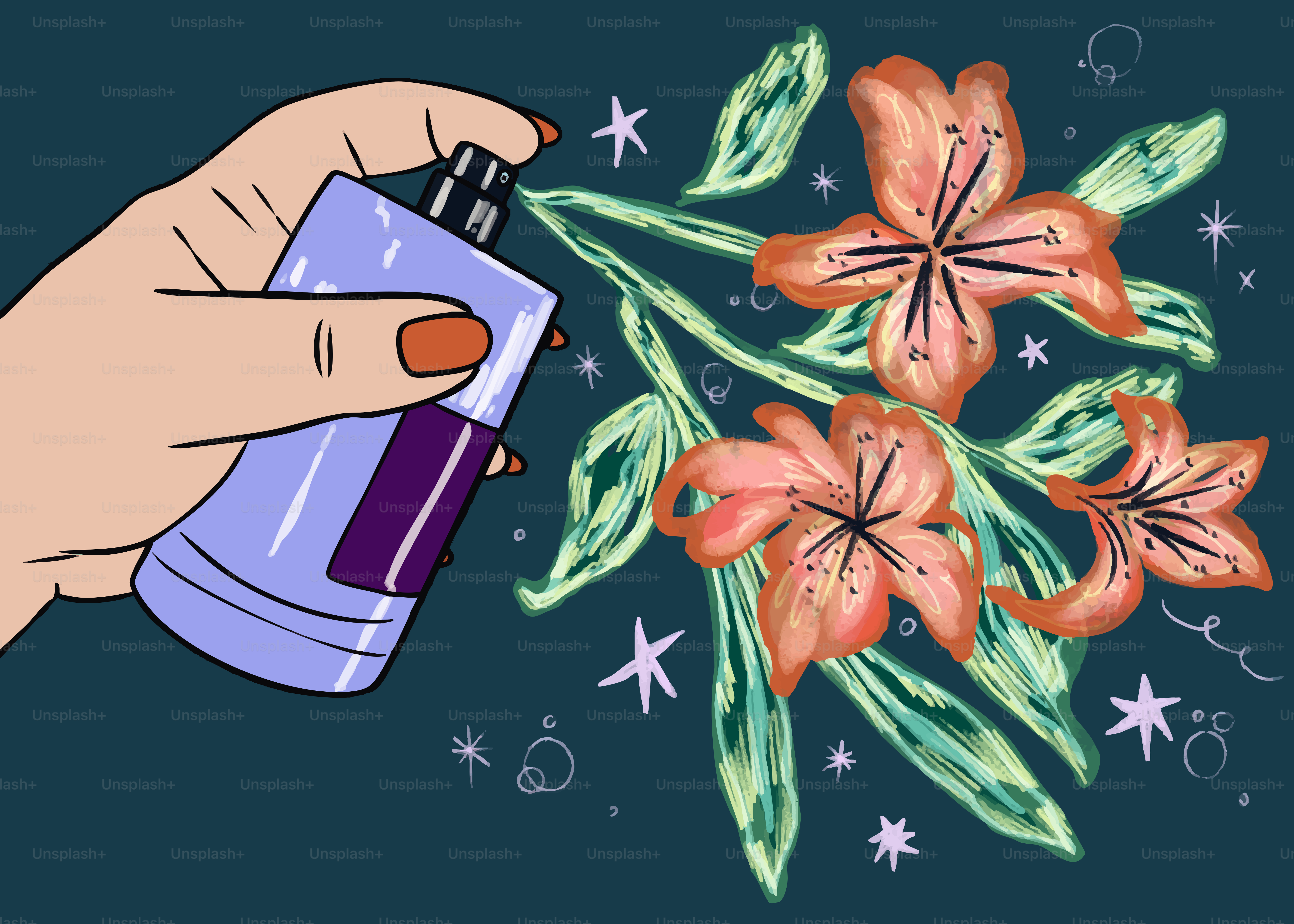 Vaporisant du parfum à la main sur des lys orange en fleurs.