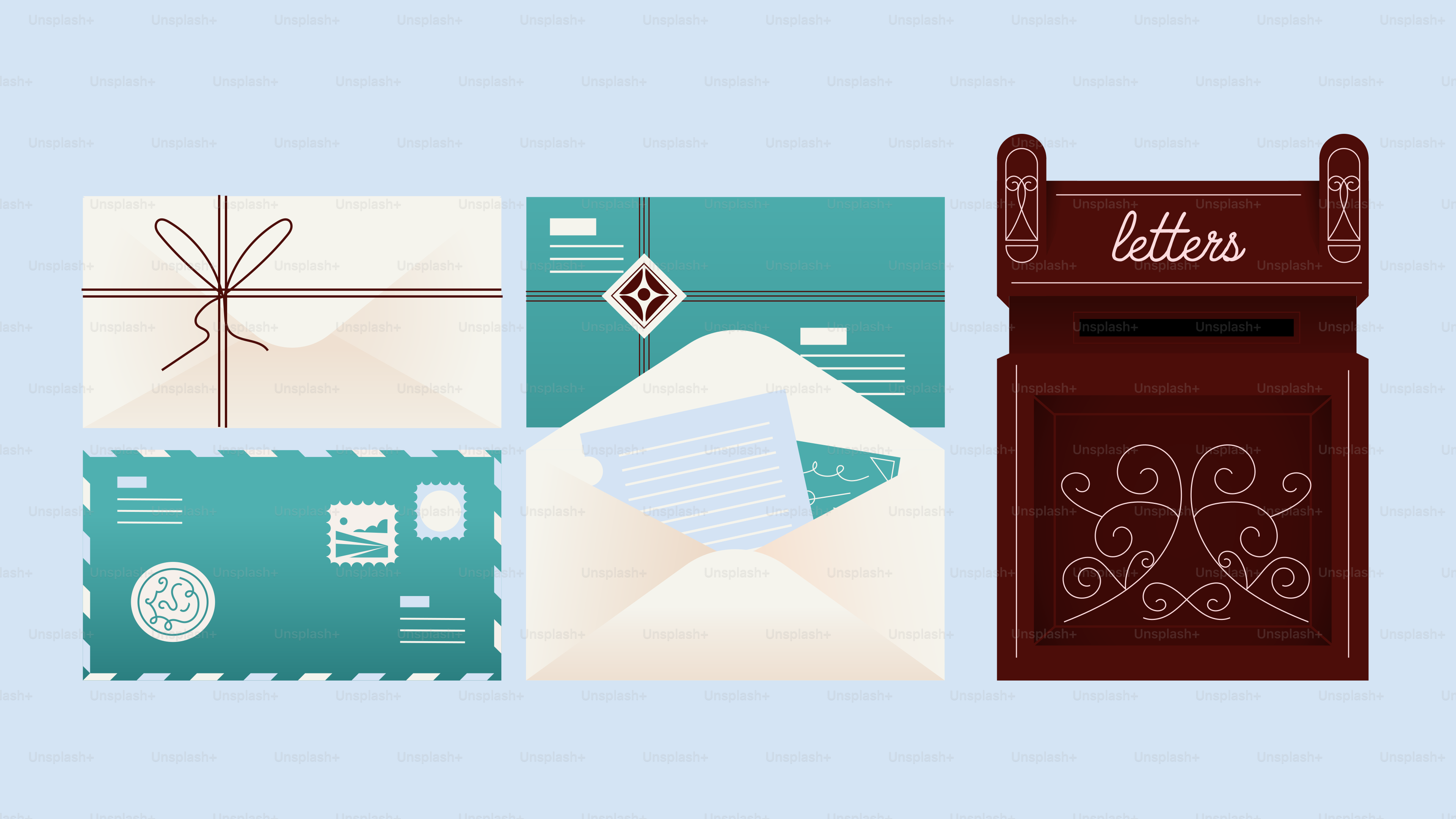 Envelopes and a vintage mailbox on a blue background
