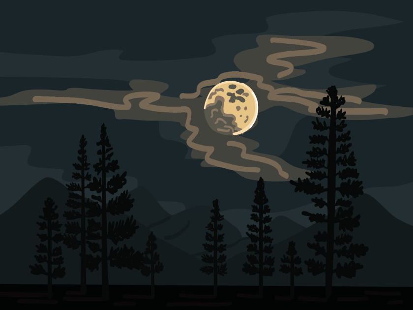 Full moon shines through clouds over dark forest