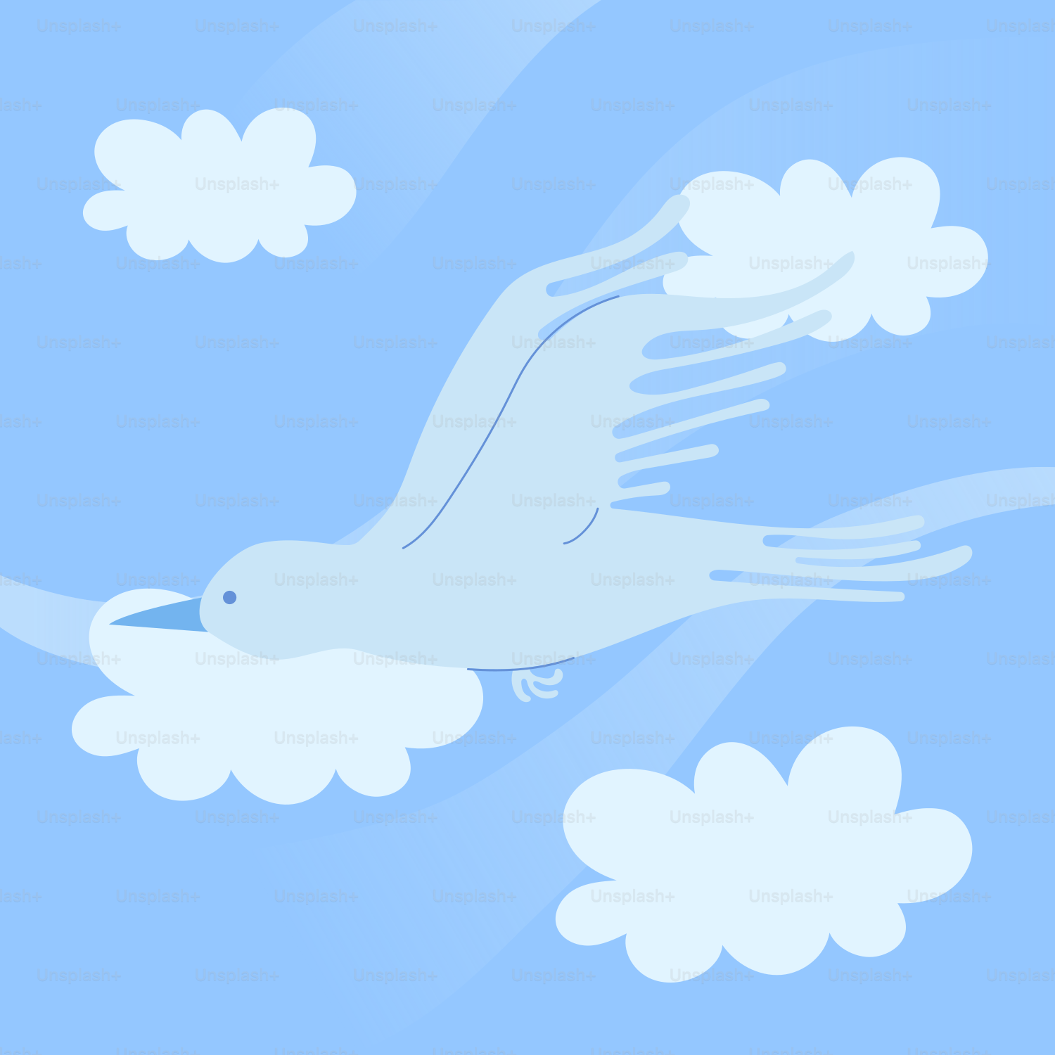 Un oiseau stylisé fait de nuages vole dans le ciel.