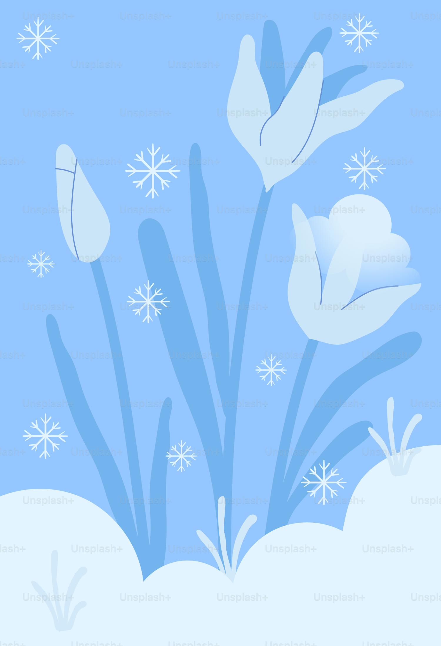 Fleurs bleues avec des flocons de neige sur fond bleu clair