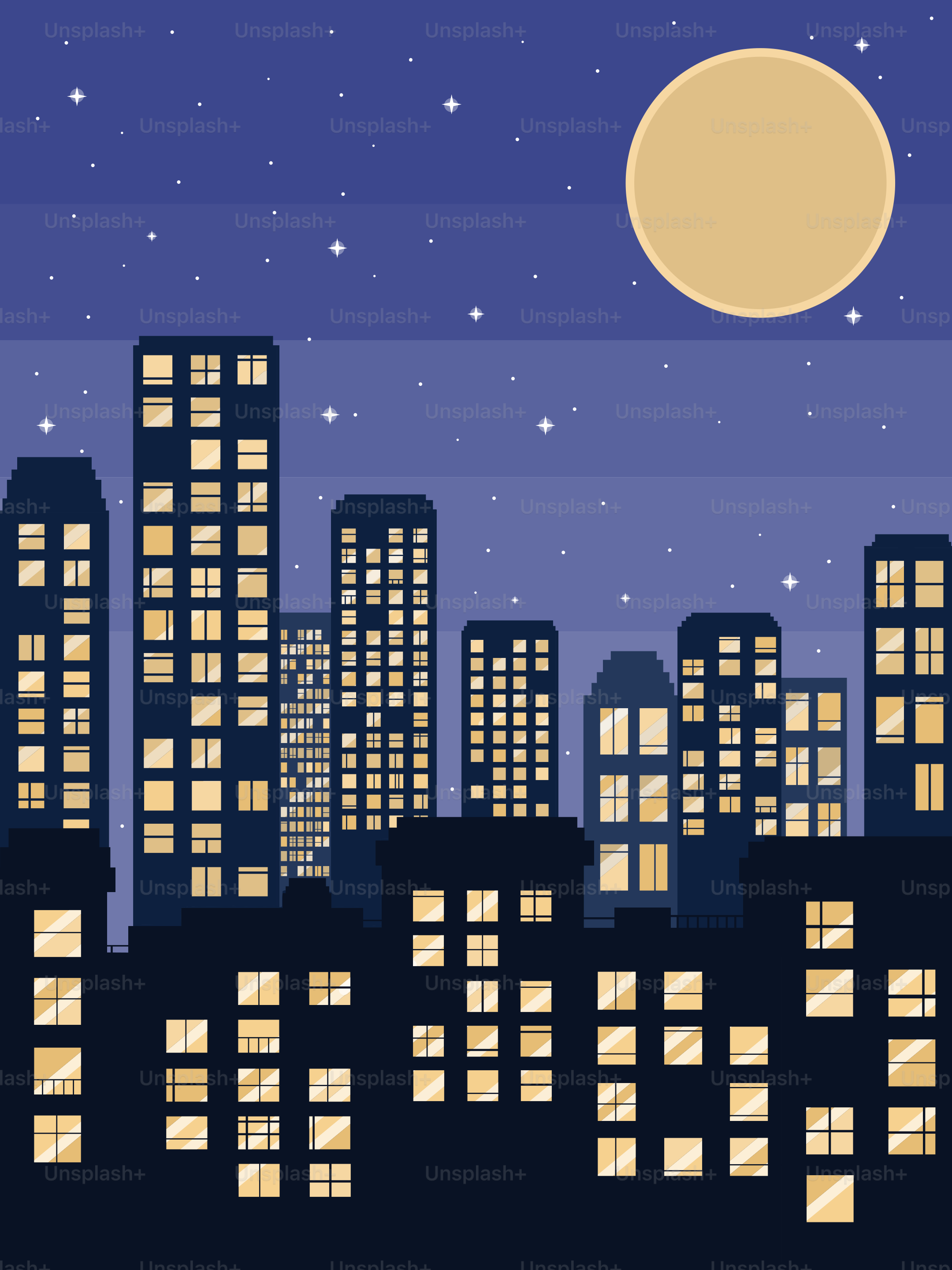 City skyline at night with a full moon