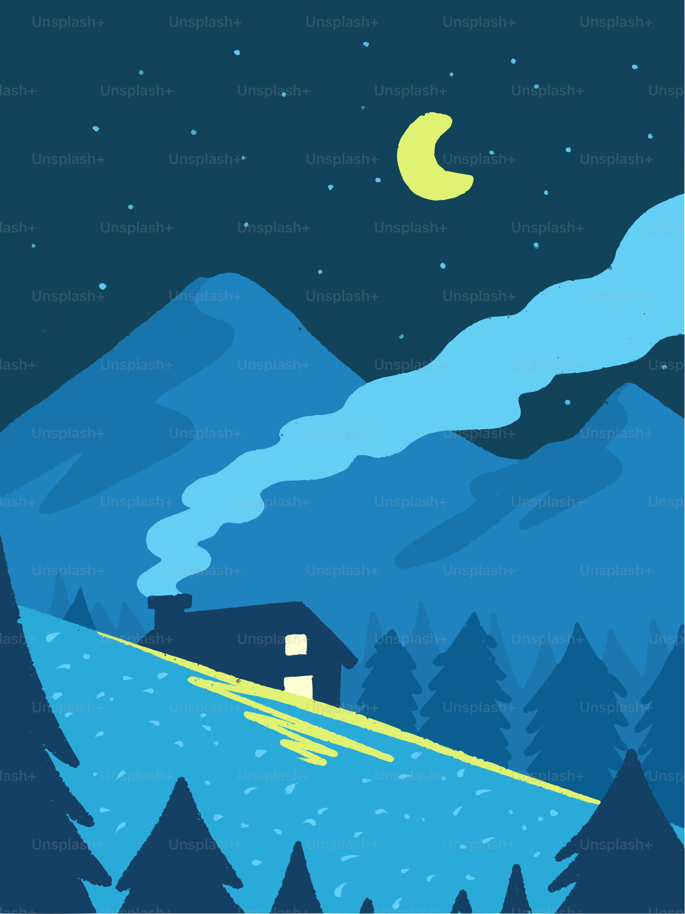 A cozy cabin in the mountains under a crescent moon