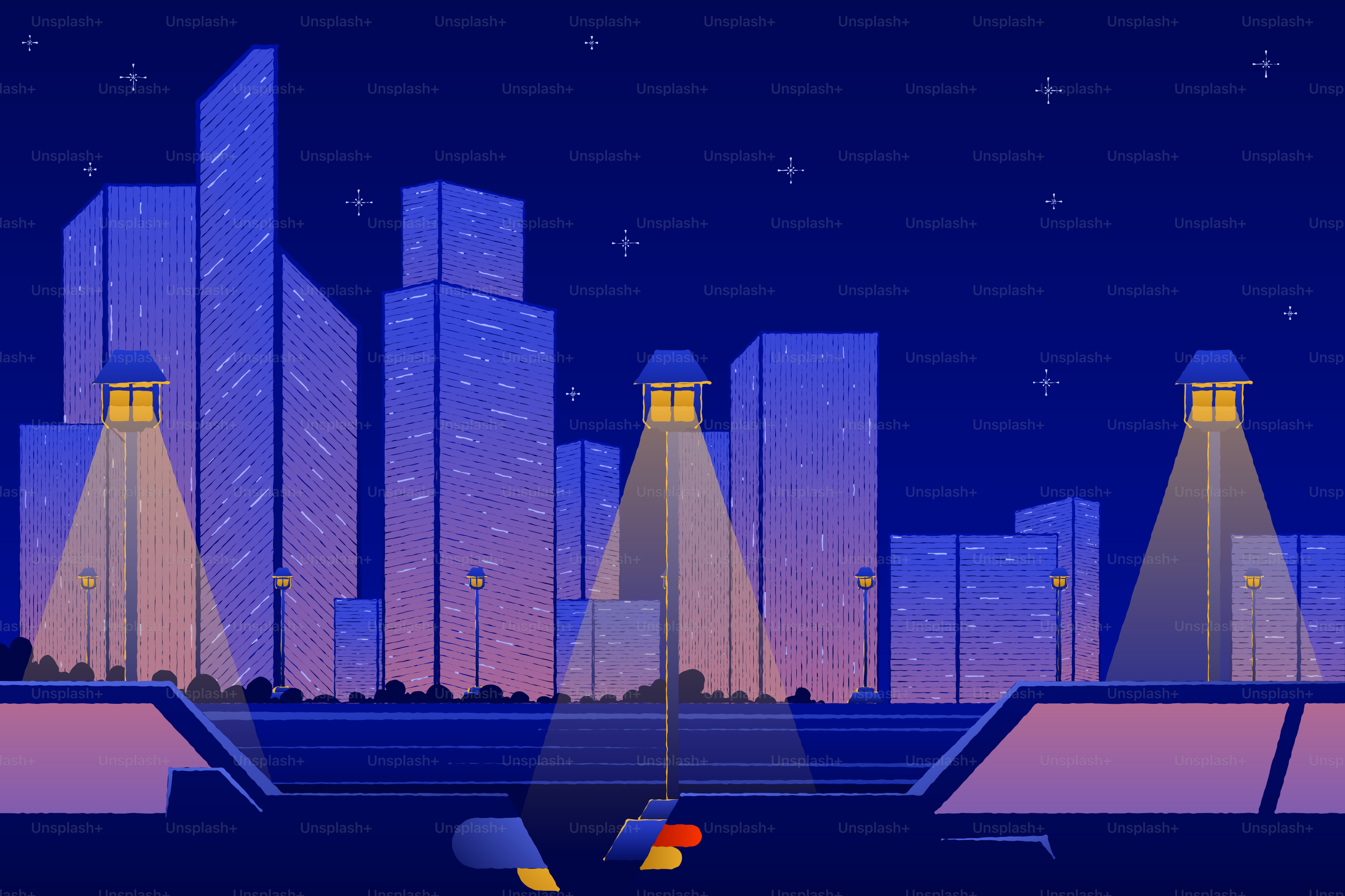 Stylized cityscape with tall buildings at night.
