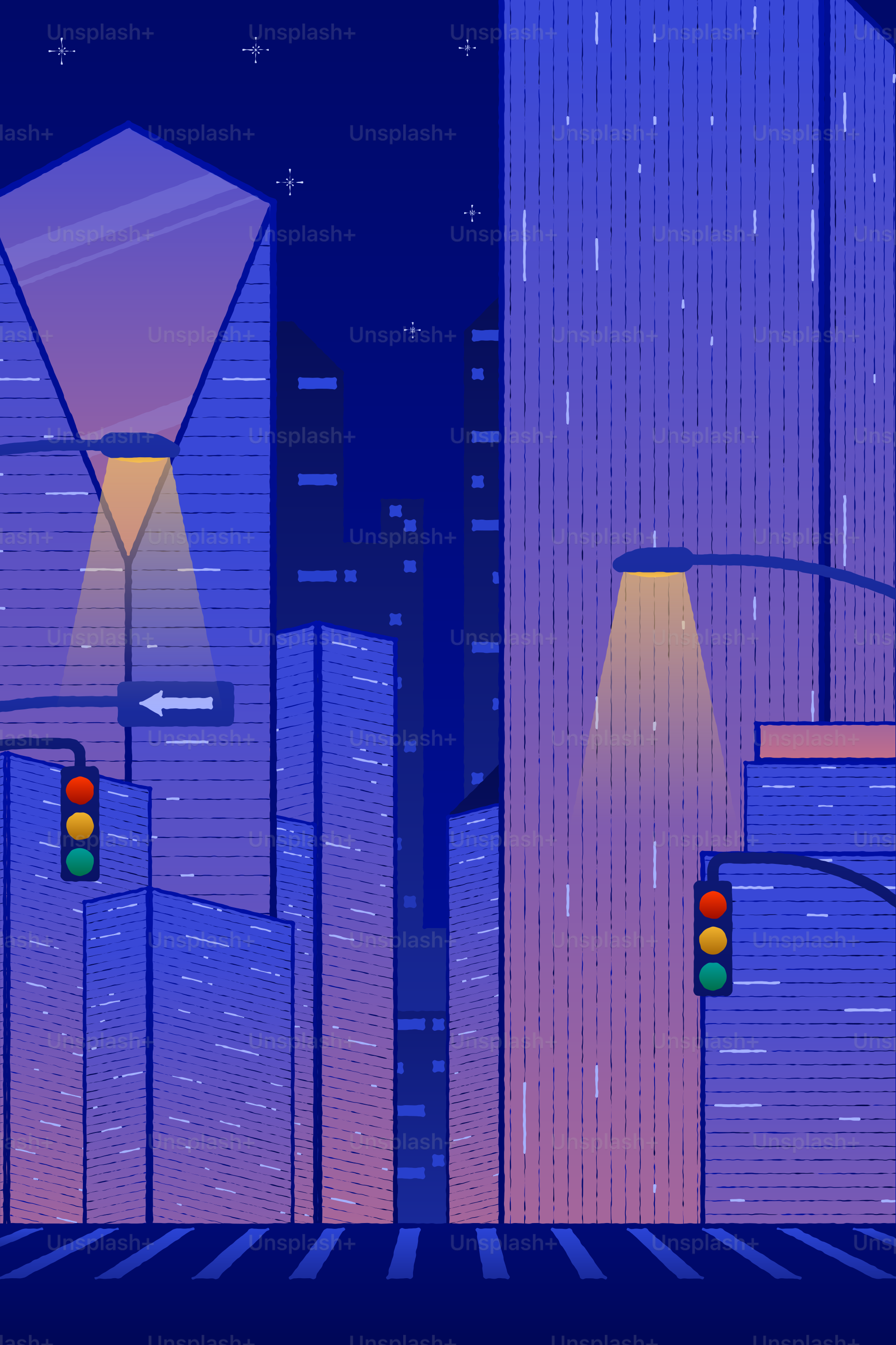 Stylized cityscape at night with traffic lights.