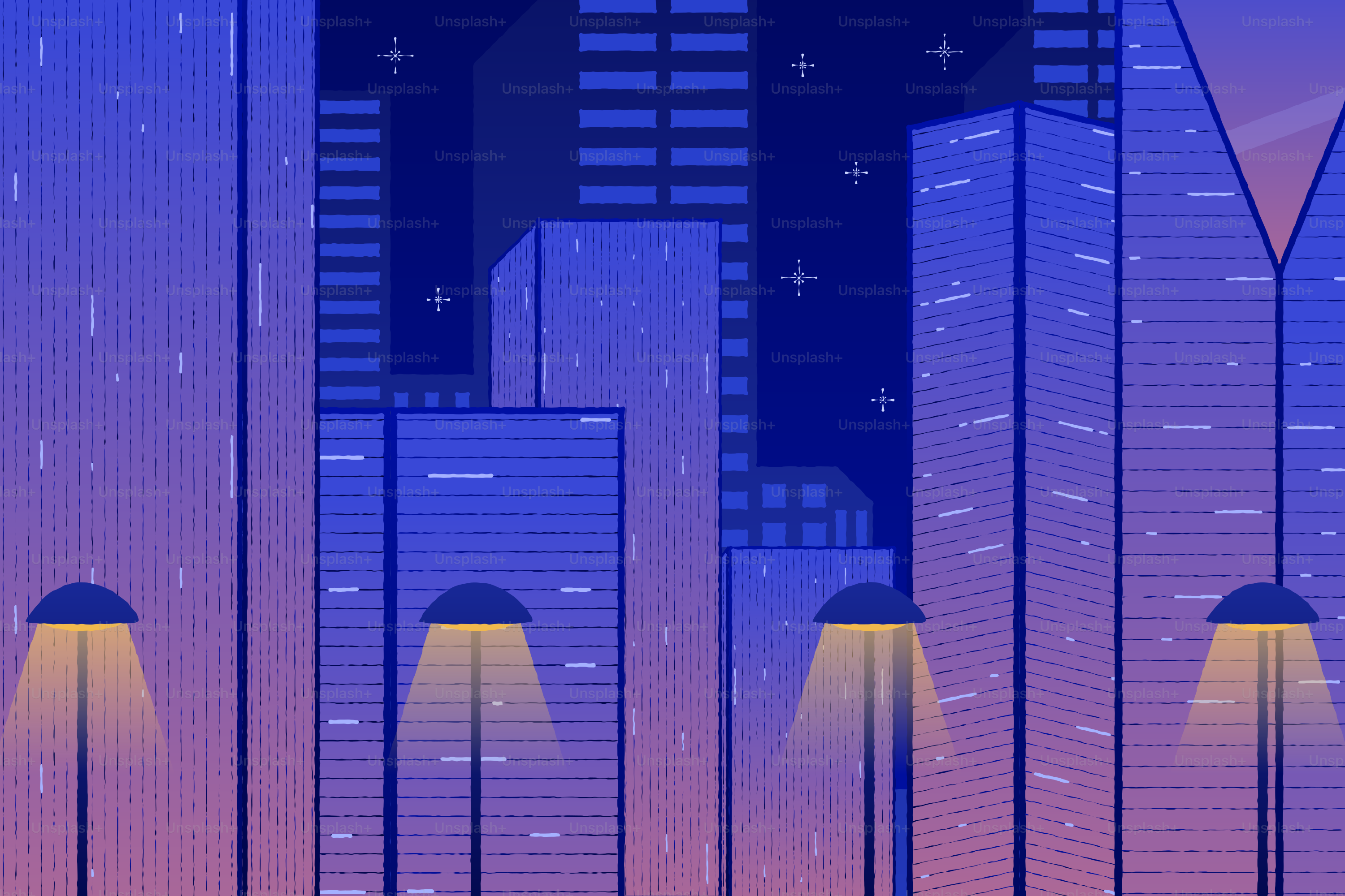 夜の街灯が灯る様式化された都市景観。