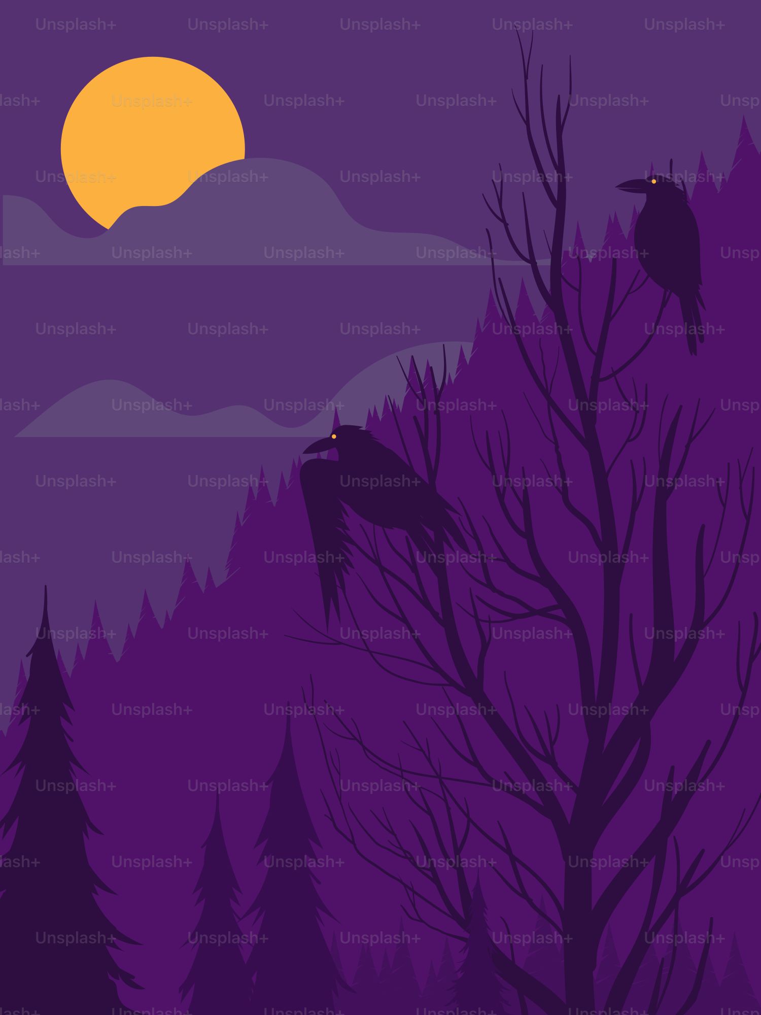 Two crows perch on bare branches under a full moon.