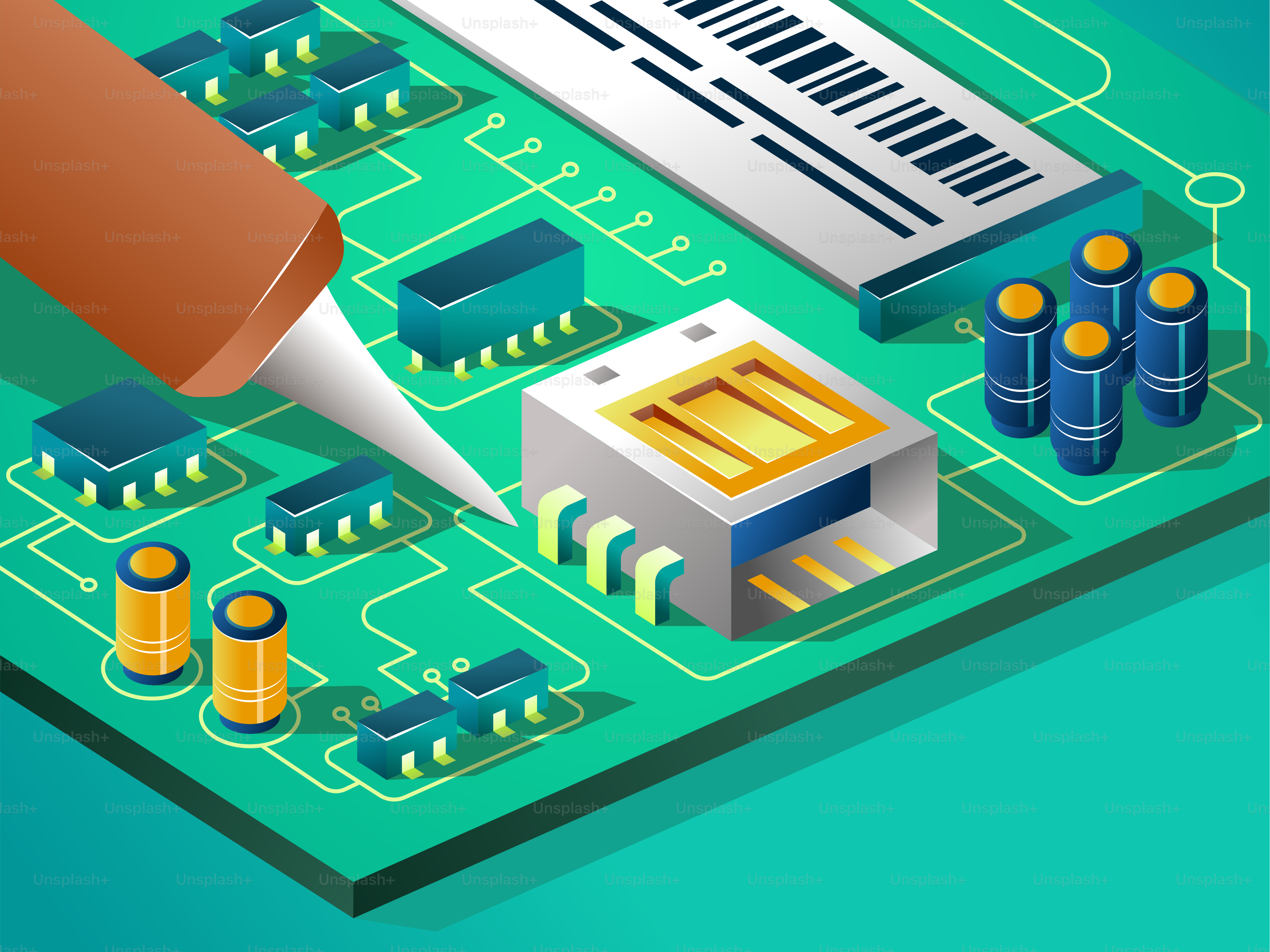 Soldering a component onto a green circuit board.