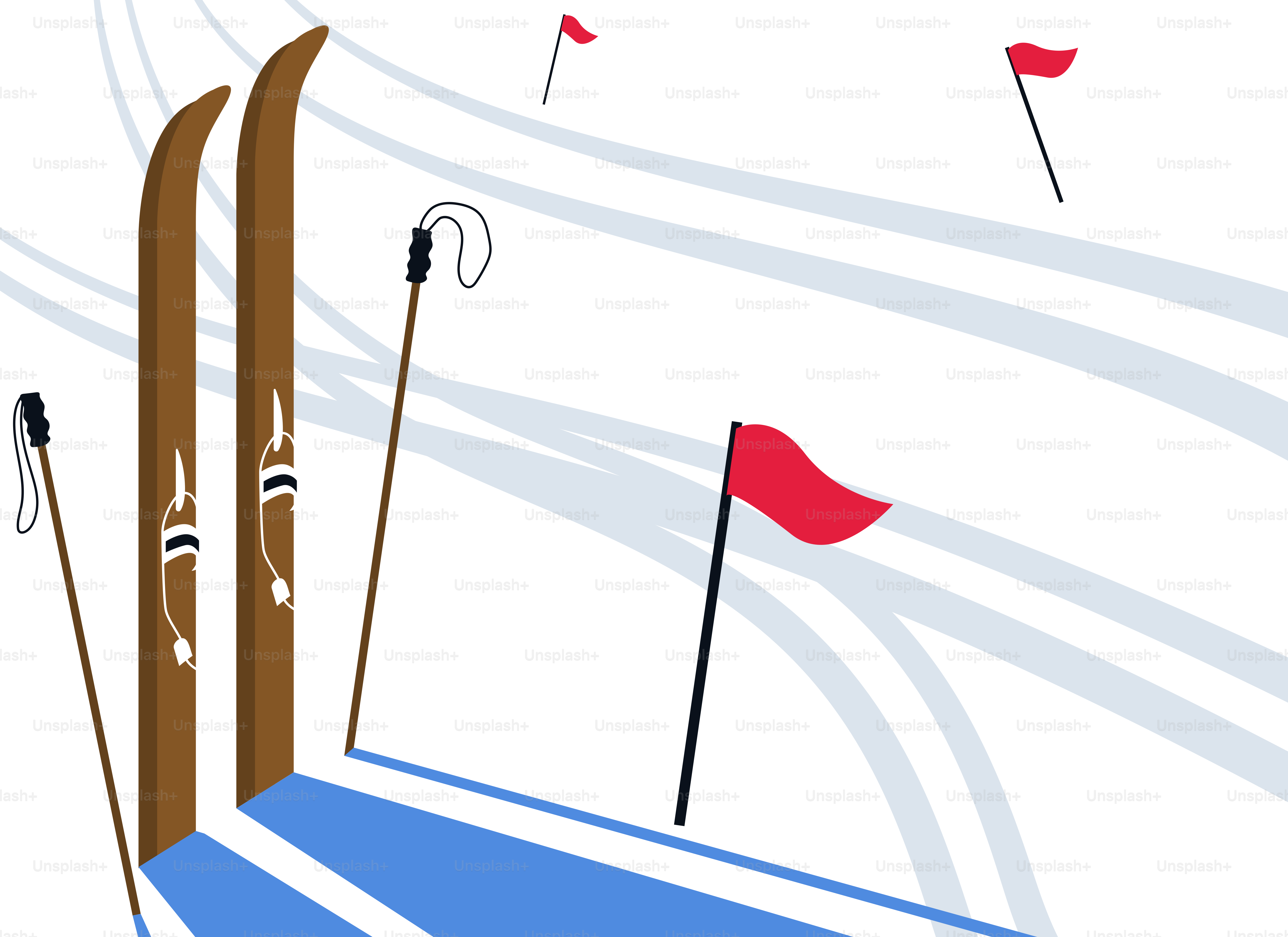 Skis and poles on a snowy slope with flags